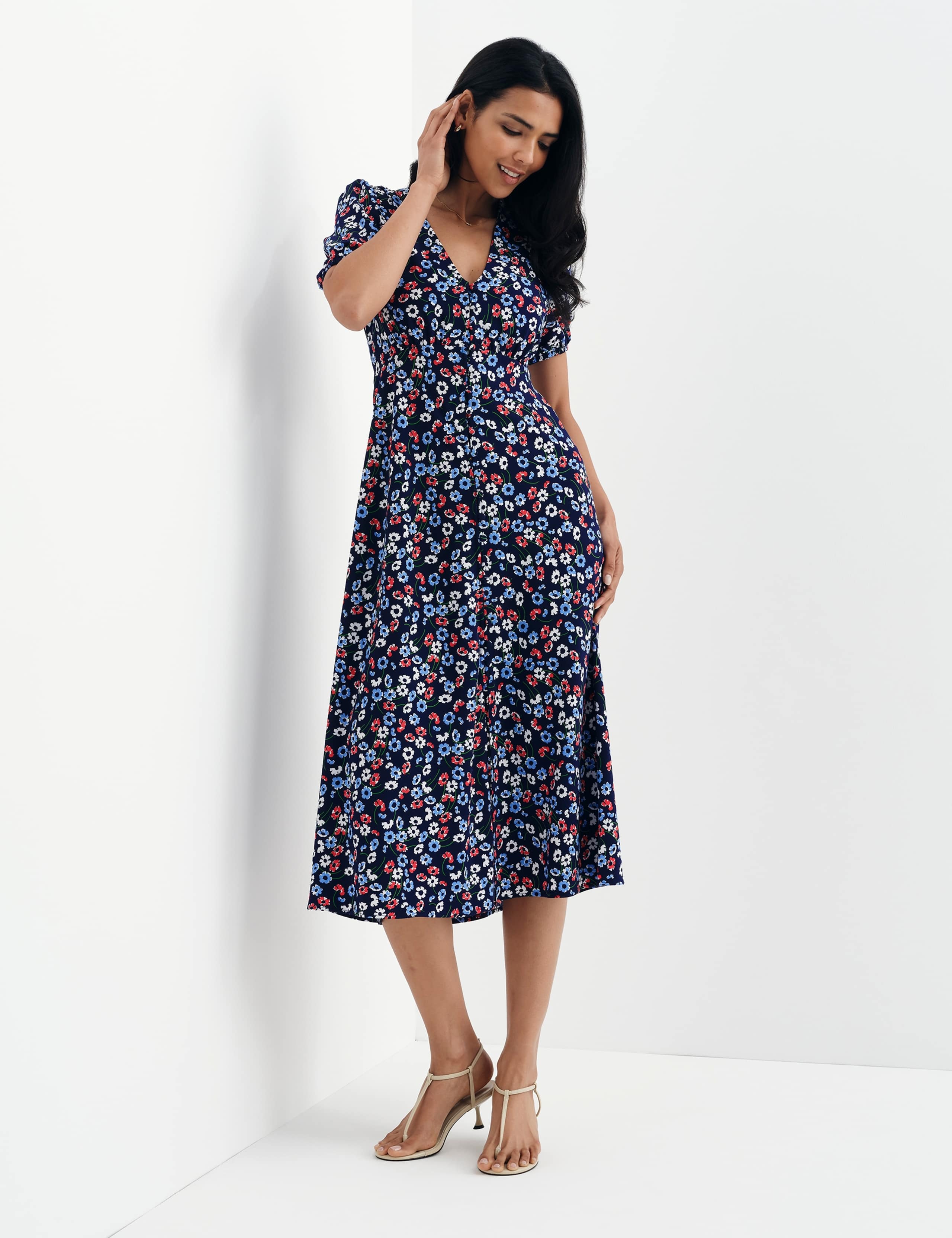 Floral Button Through Midi Waisted Dress 12 of 13