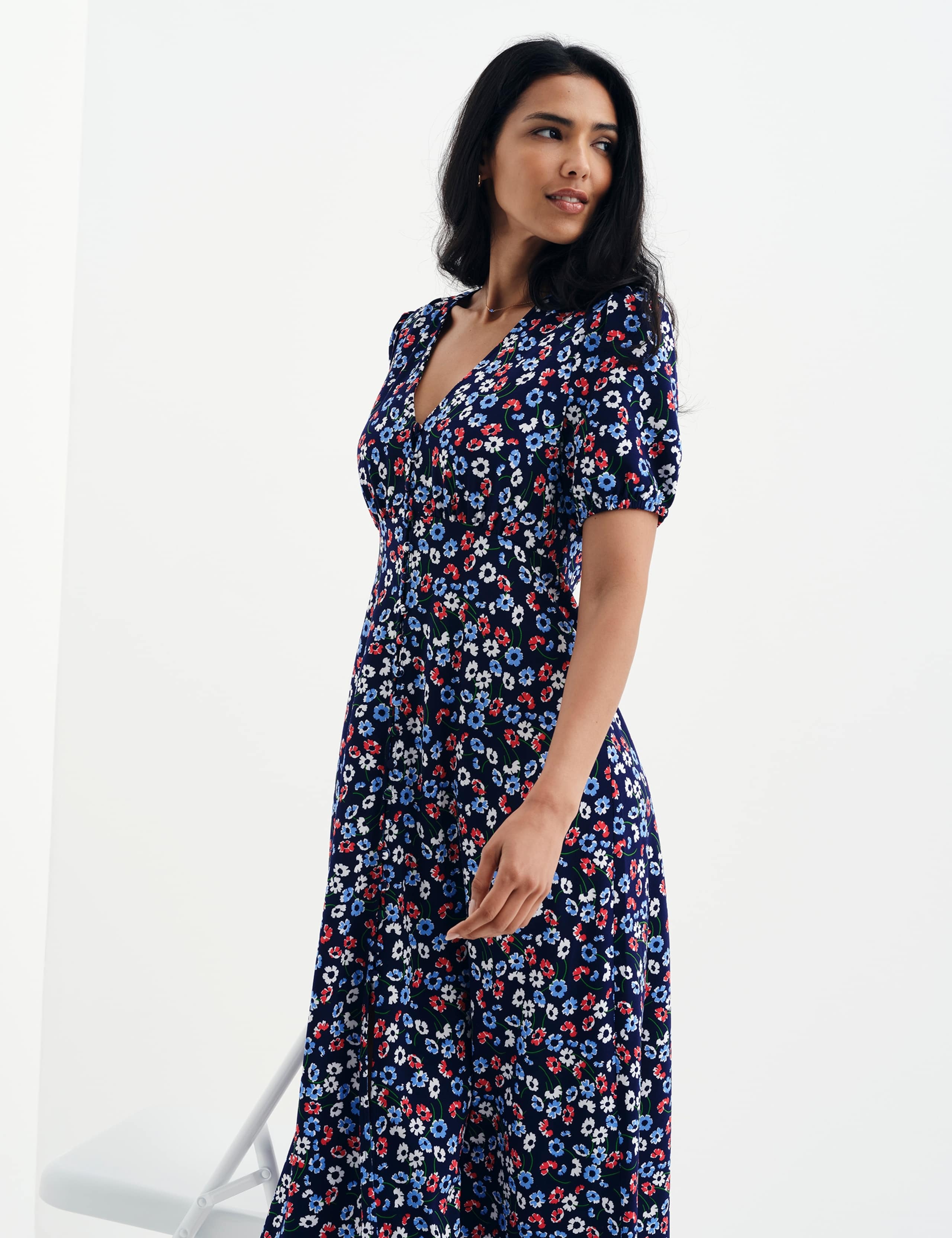 Floral Button Through Midi Waisted Dress 3 of 13