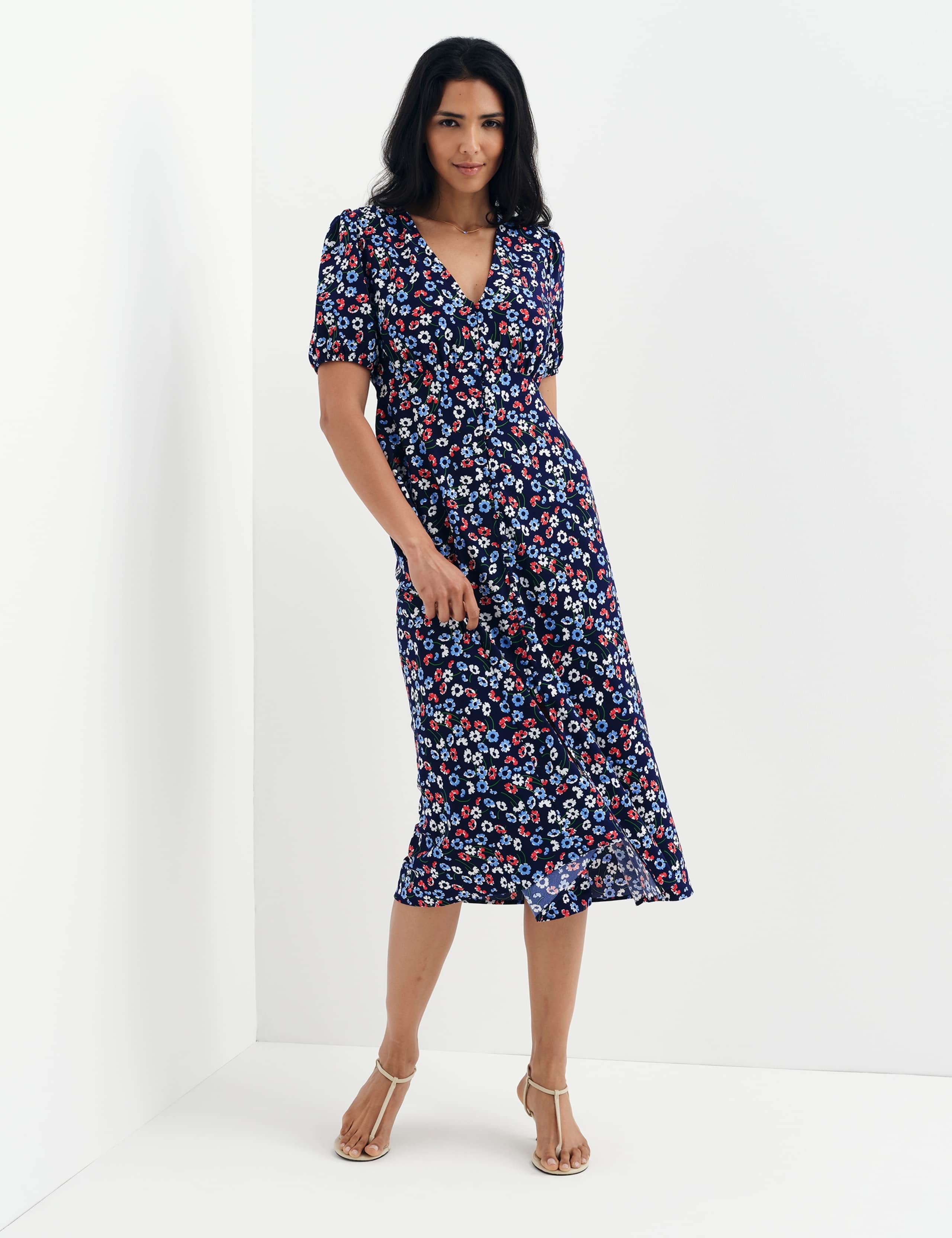 Floral Button Through Midi Waisted Dress 4 of 13