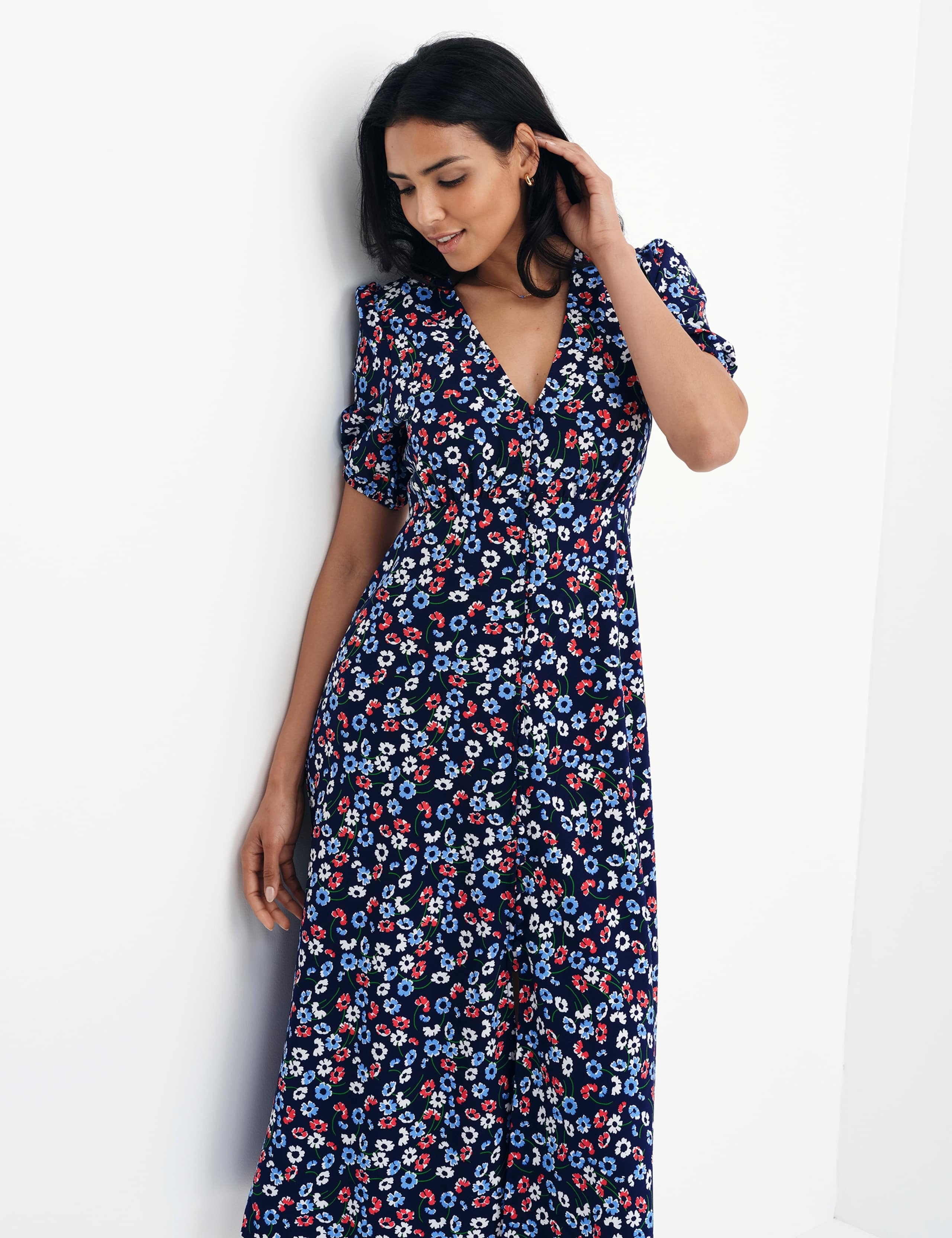 Floral Button Through Midi Waisted Dress 5 of 13
