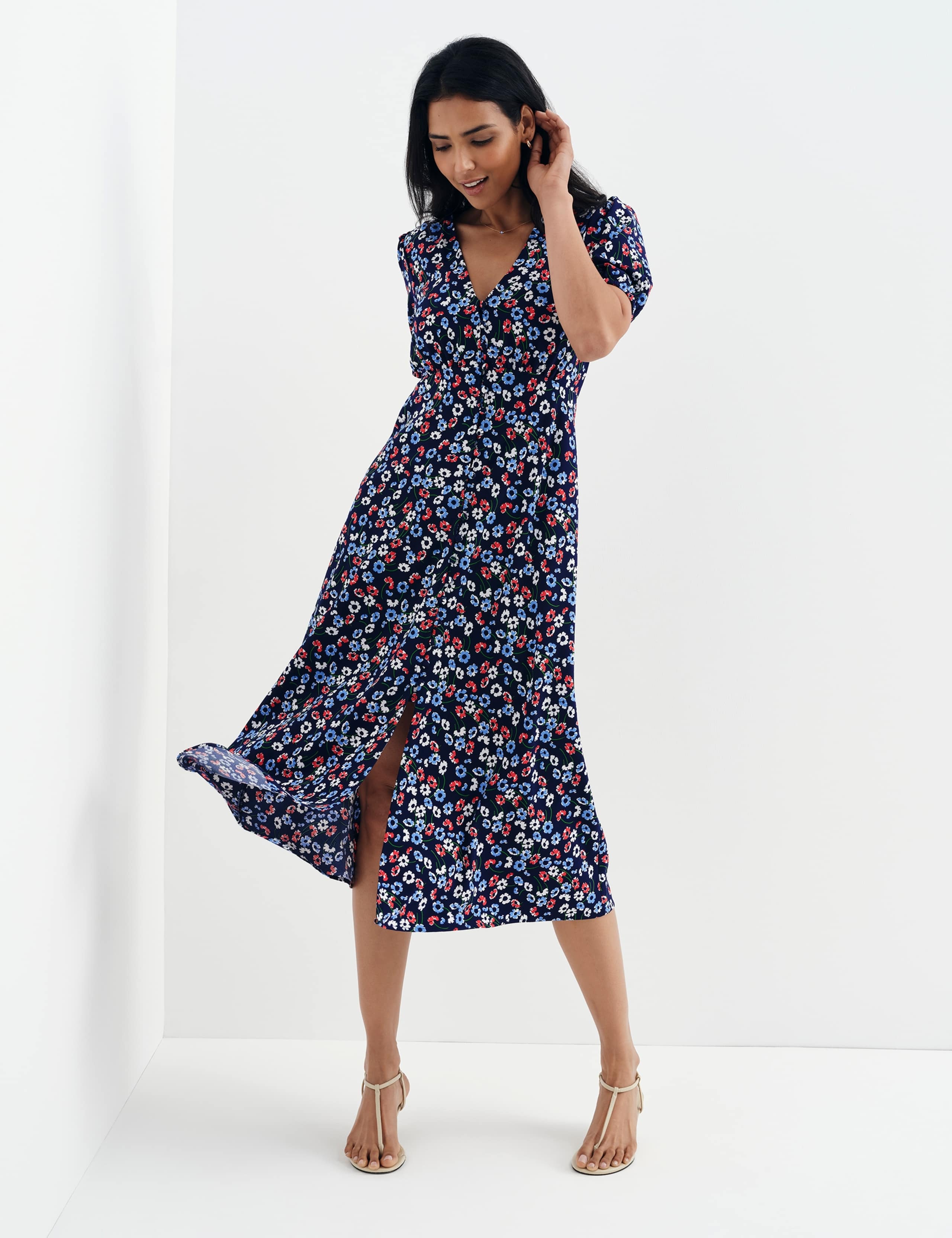 Floral Button Through Midi Waisted Dress 6 of 13
