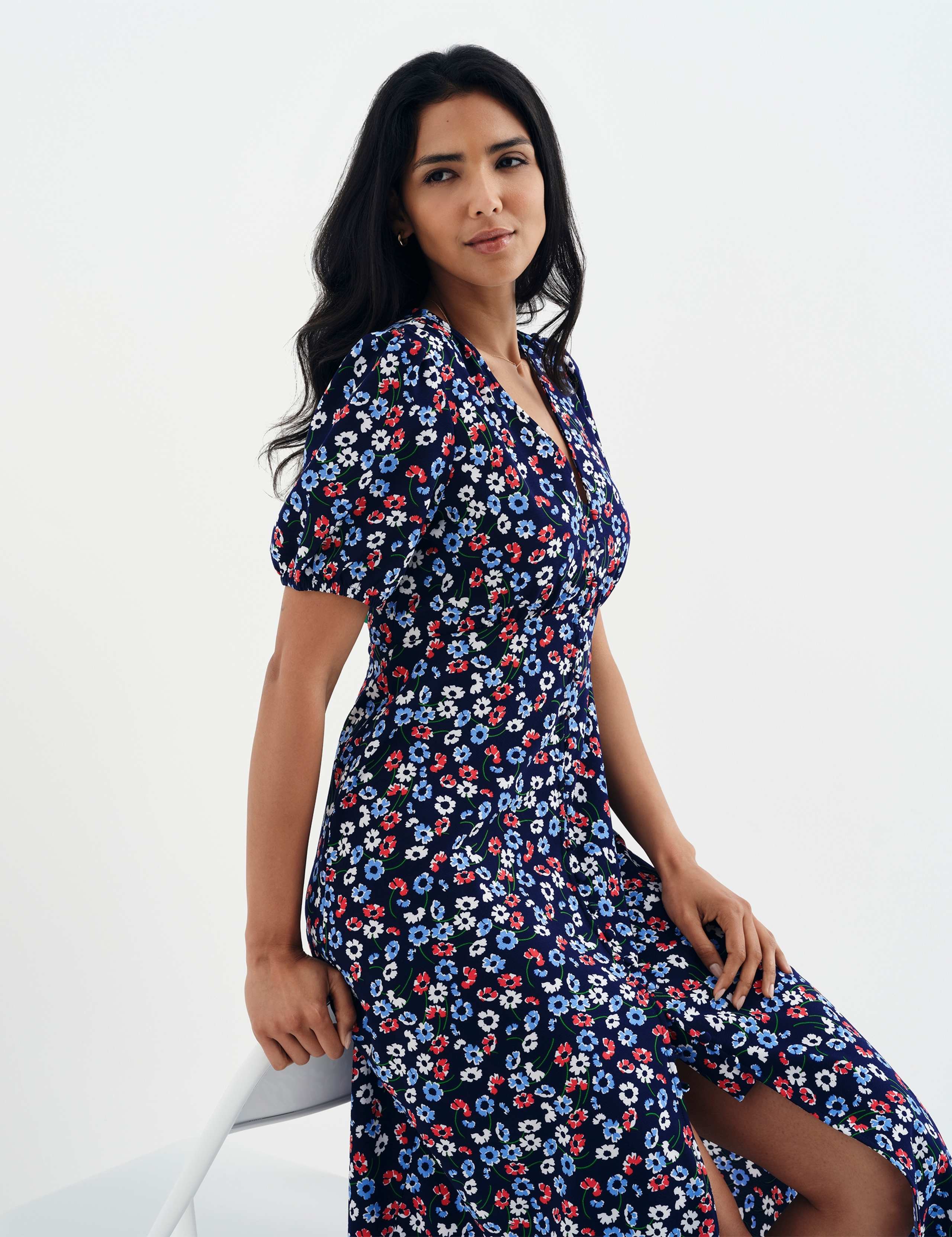 Floral Button Through Midi Waisted Dress 7 of 13