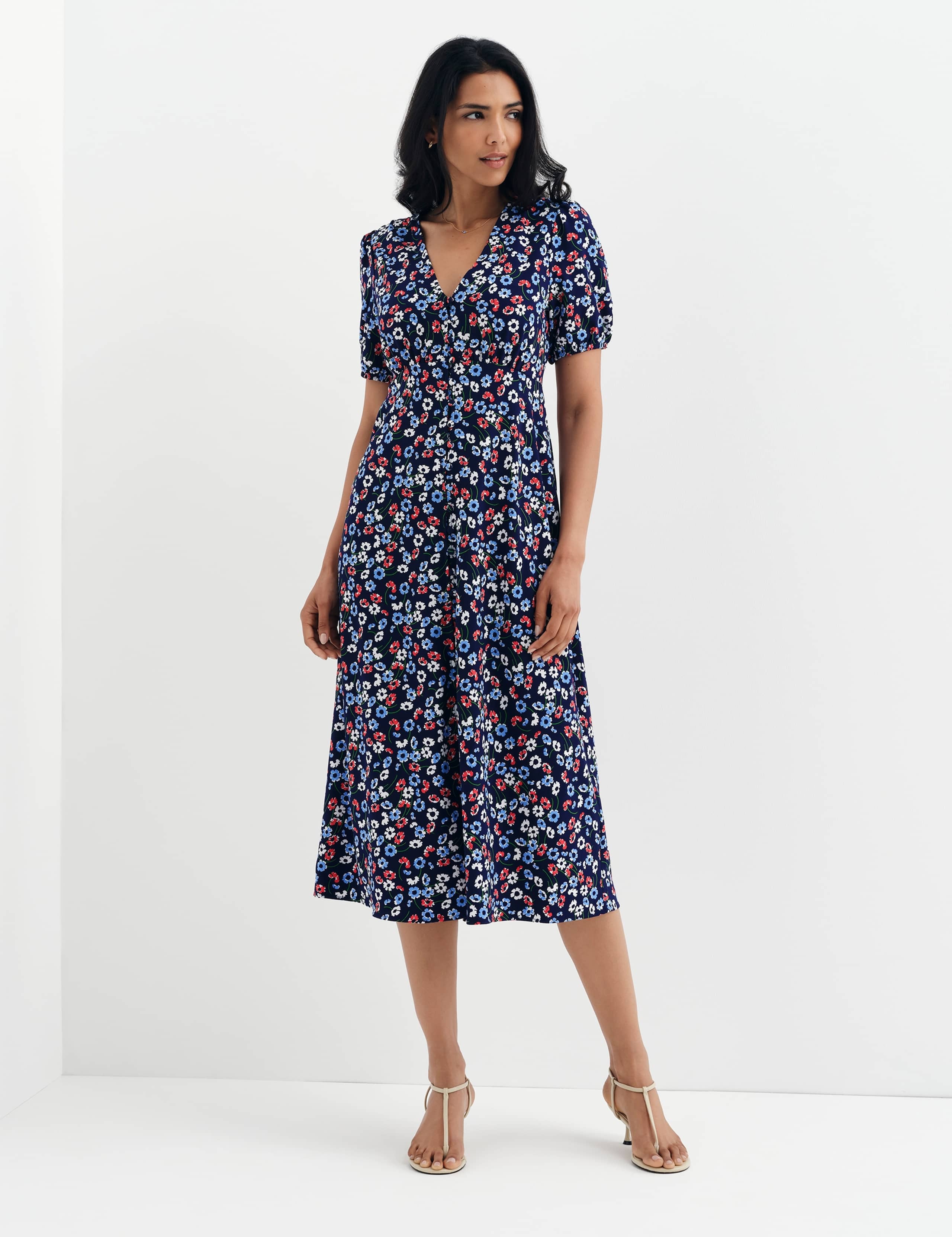Floral Button Through Midi Waisted Dress 10 of 13
