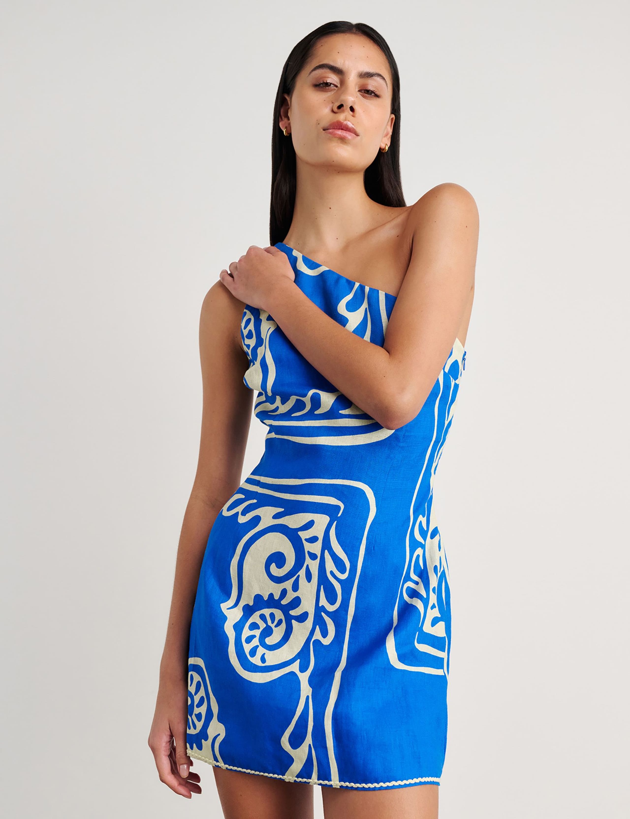 Pure Linen Printed One Shoulder Mini Dress 4 of 6