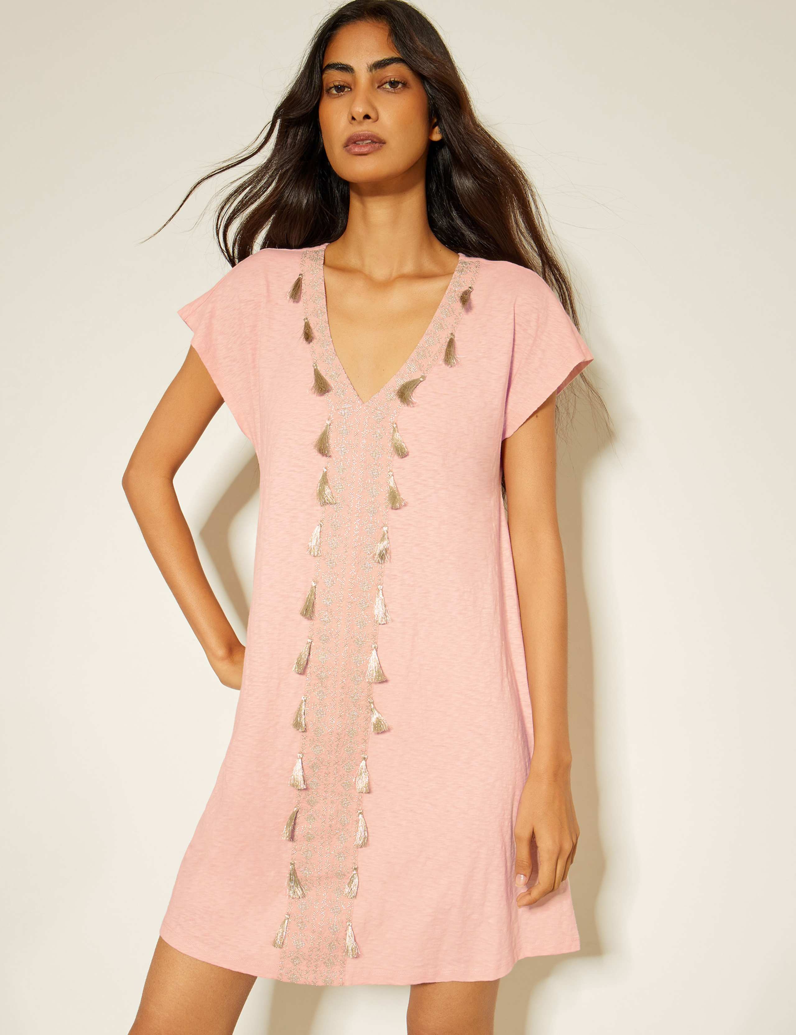 Pure Cotton V-Neck Knee Length Kaftan Dress 2 of 4