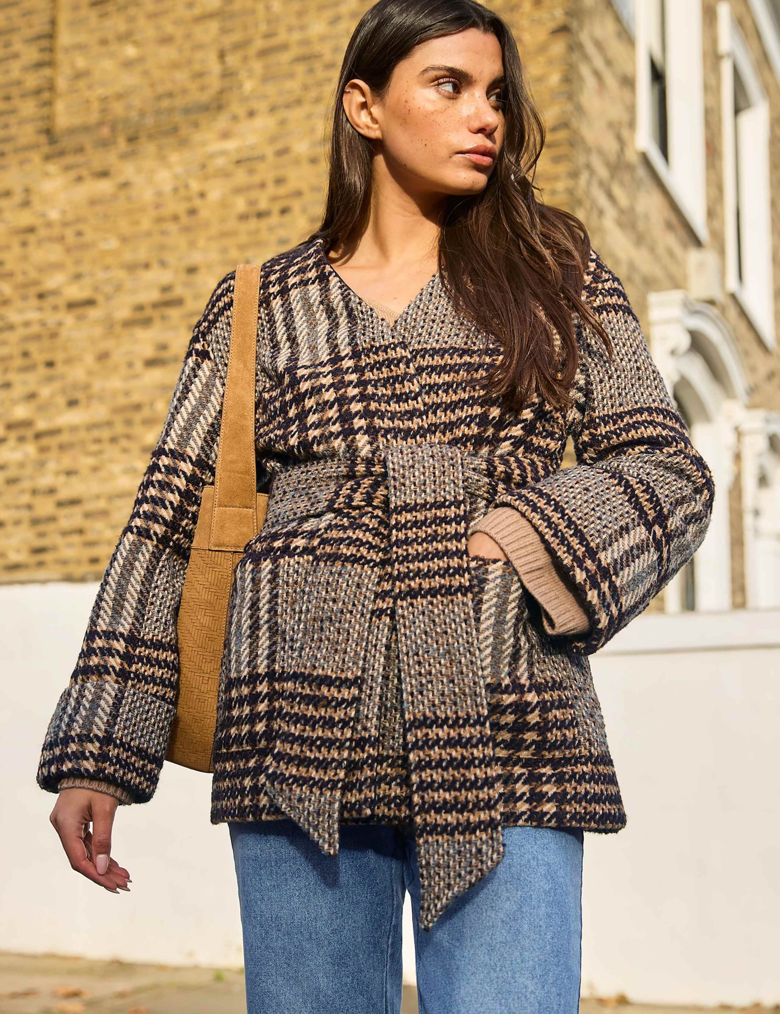 Checked Belted Wrap Coat with Wool 2 of 8