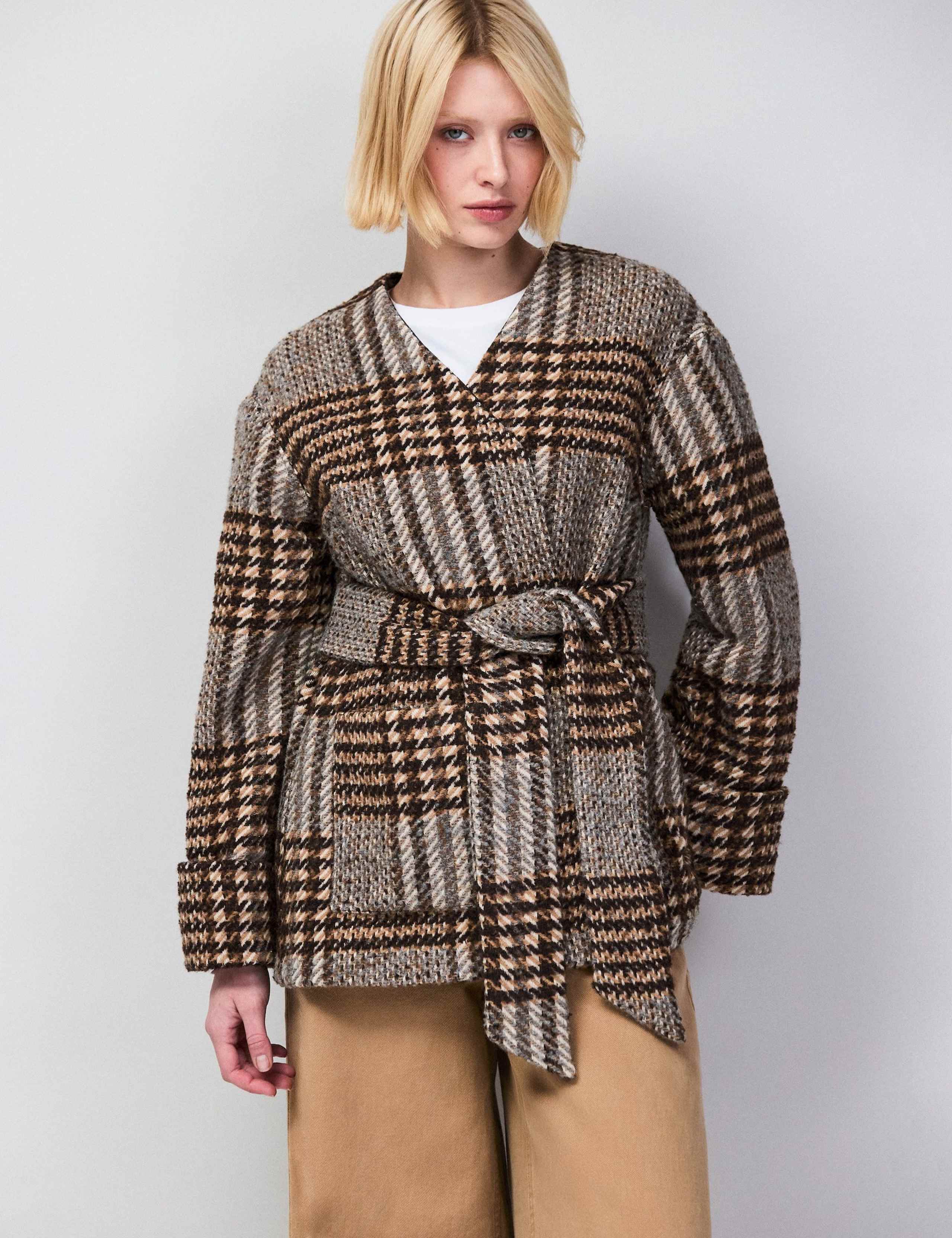 Checked Belted Wrap Coat with Wool 5 of 8