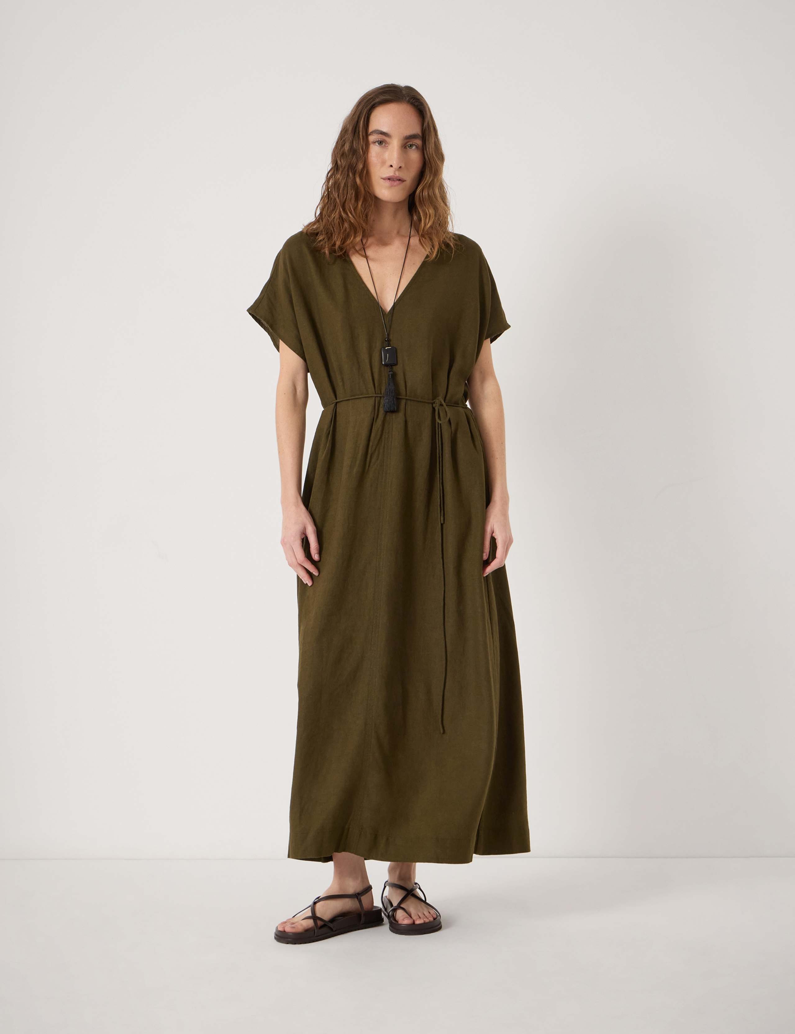 Linen Blend V-Neck Midaxi Waisted Dress 1 of 5