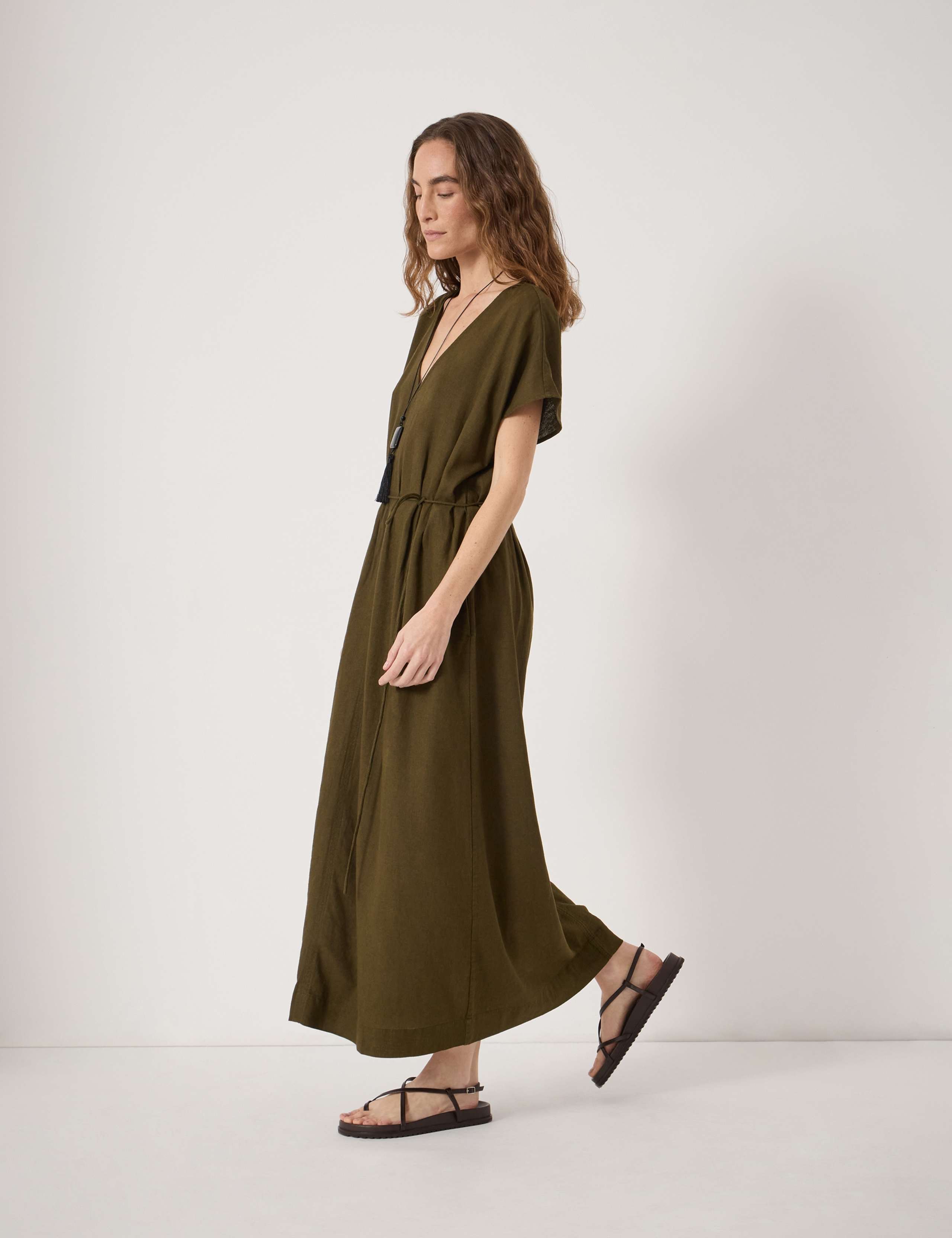Linen Blend V-Neck Midaxi Waisted Dress 3 of 5
