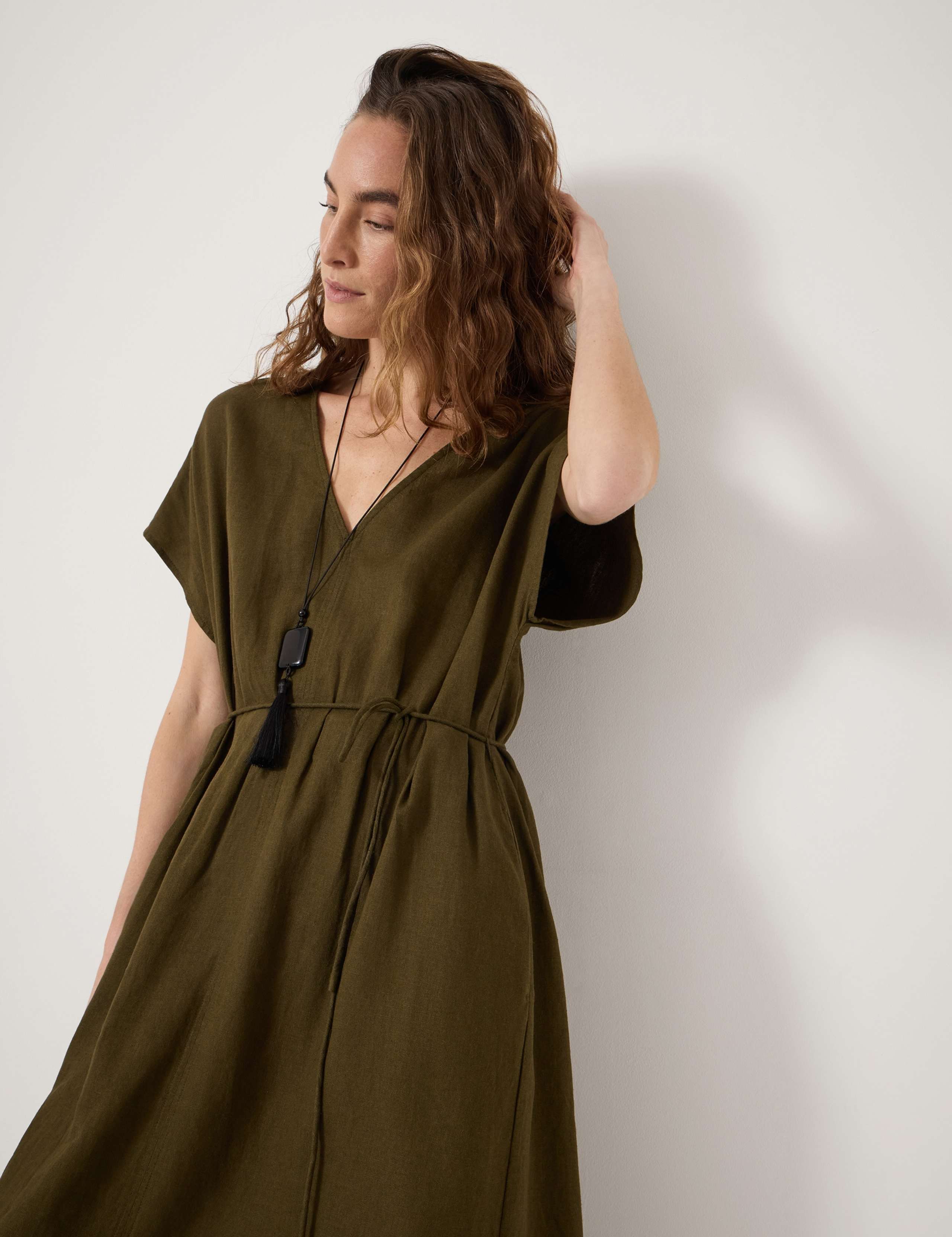 Linen Blend V-Neck Midaxi Waisted Dress 5 of 5