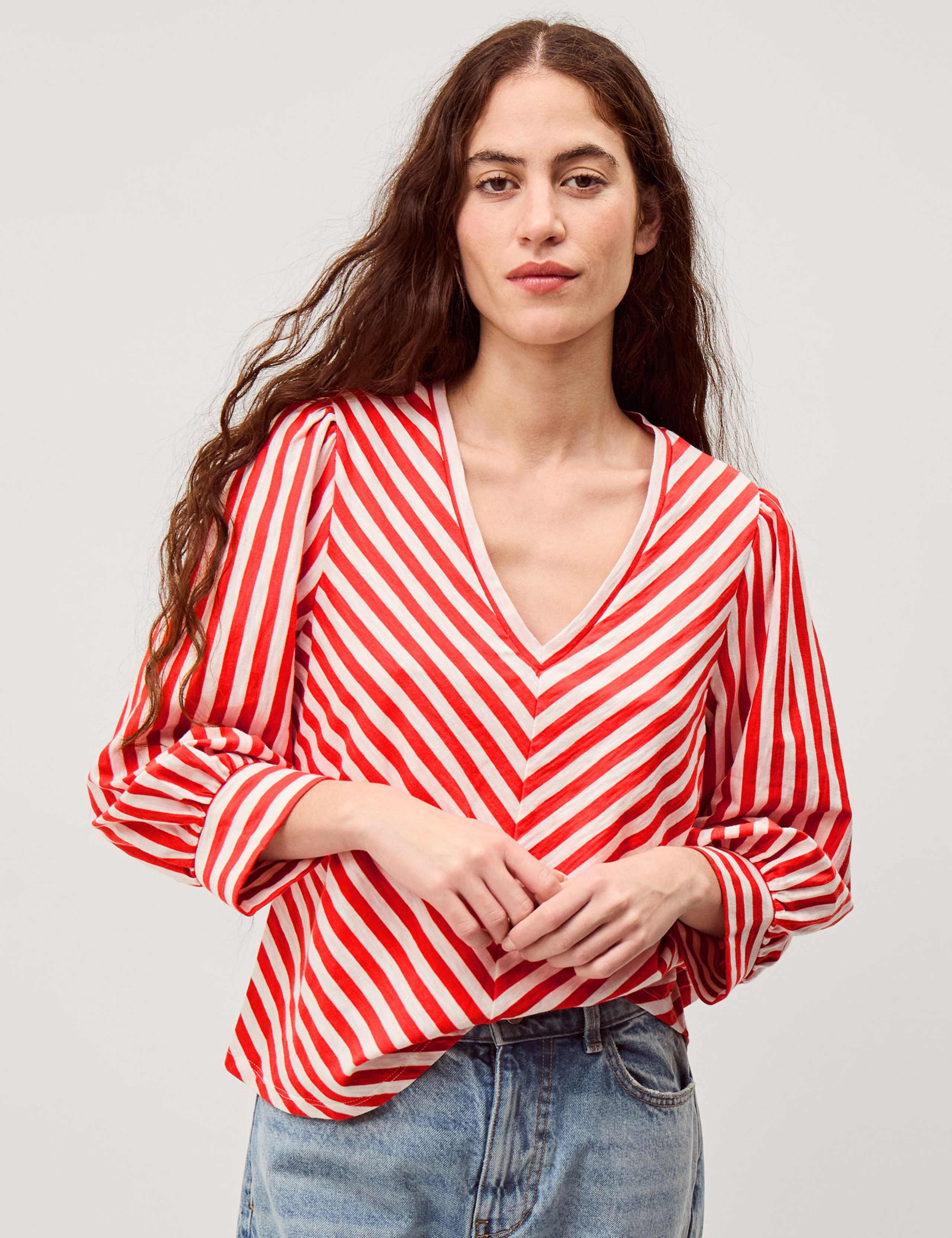Pure Cotton Striped V-Neck Blouse 1 of 5