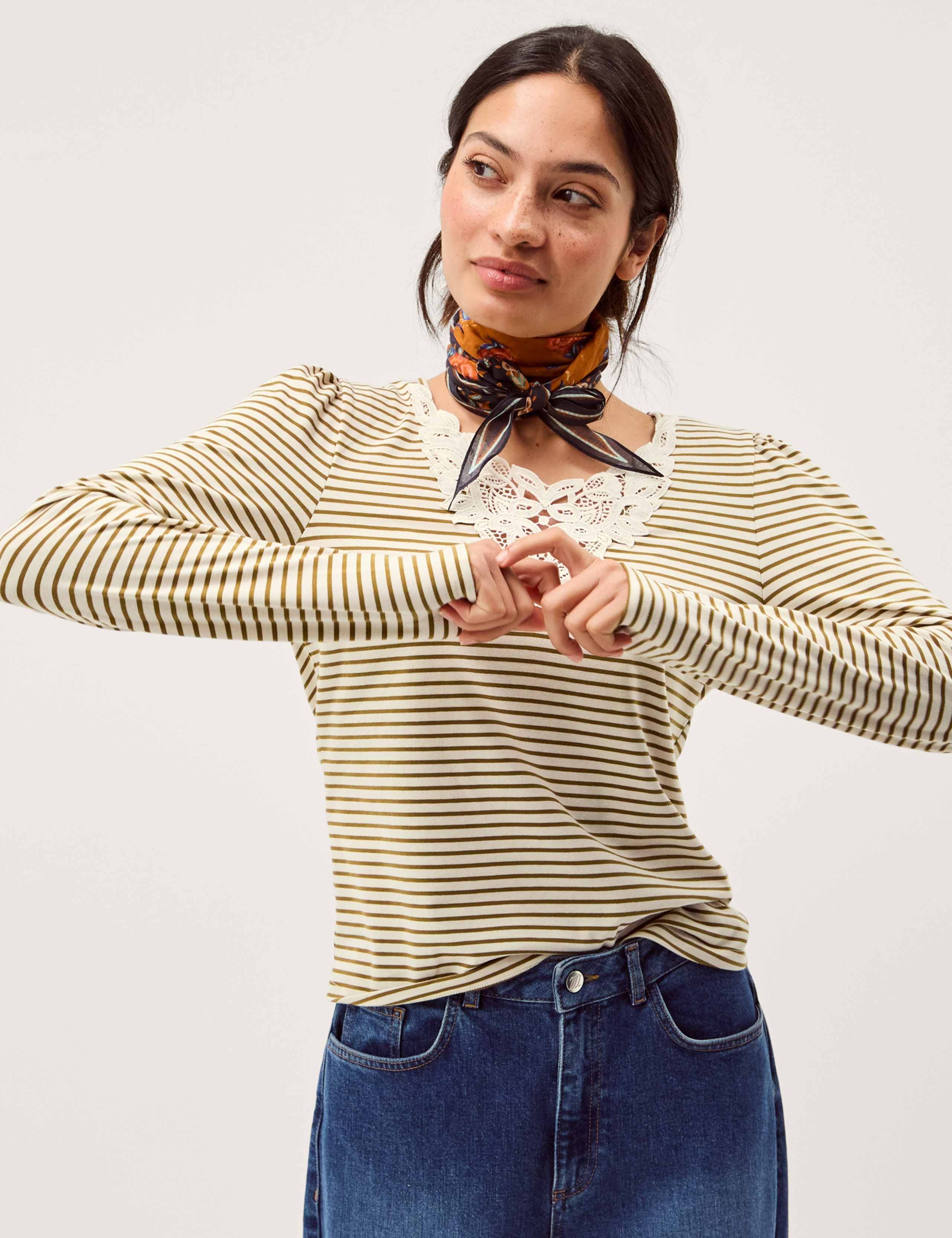 Cotton Rich Striped V-Neck T-Shirt 1 of 5