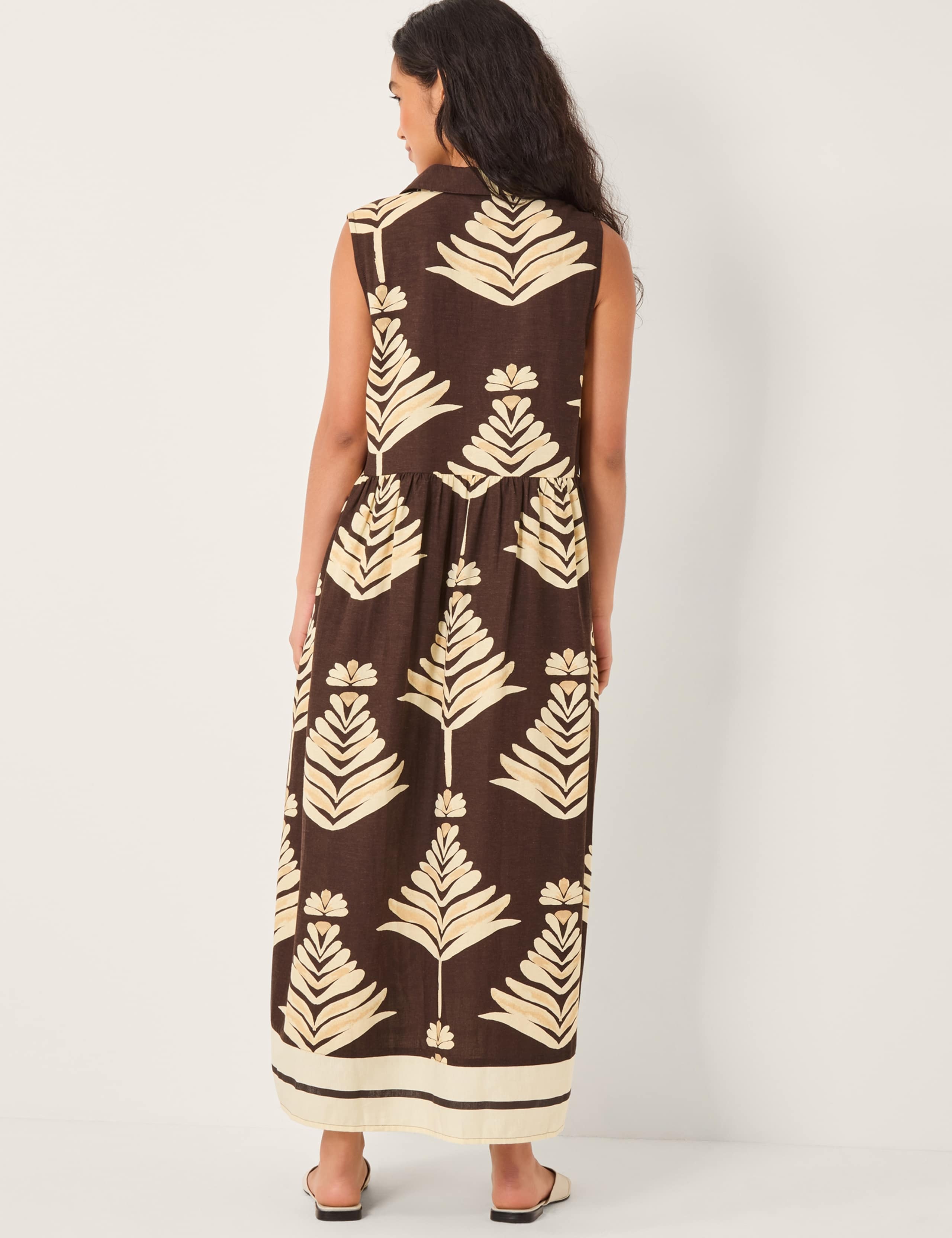 Leaf Print Midi Waisted Dress with Linen 3 of 6