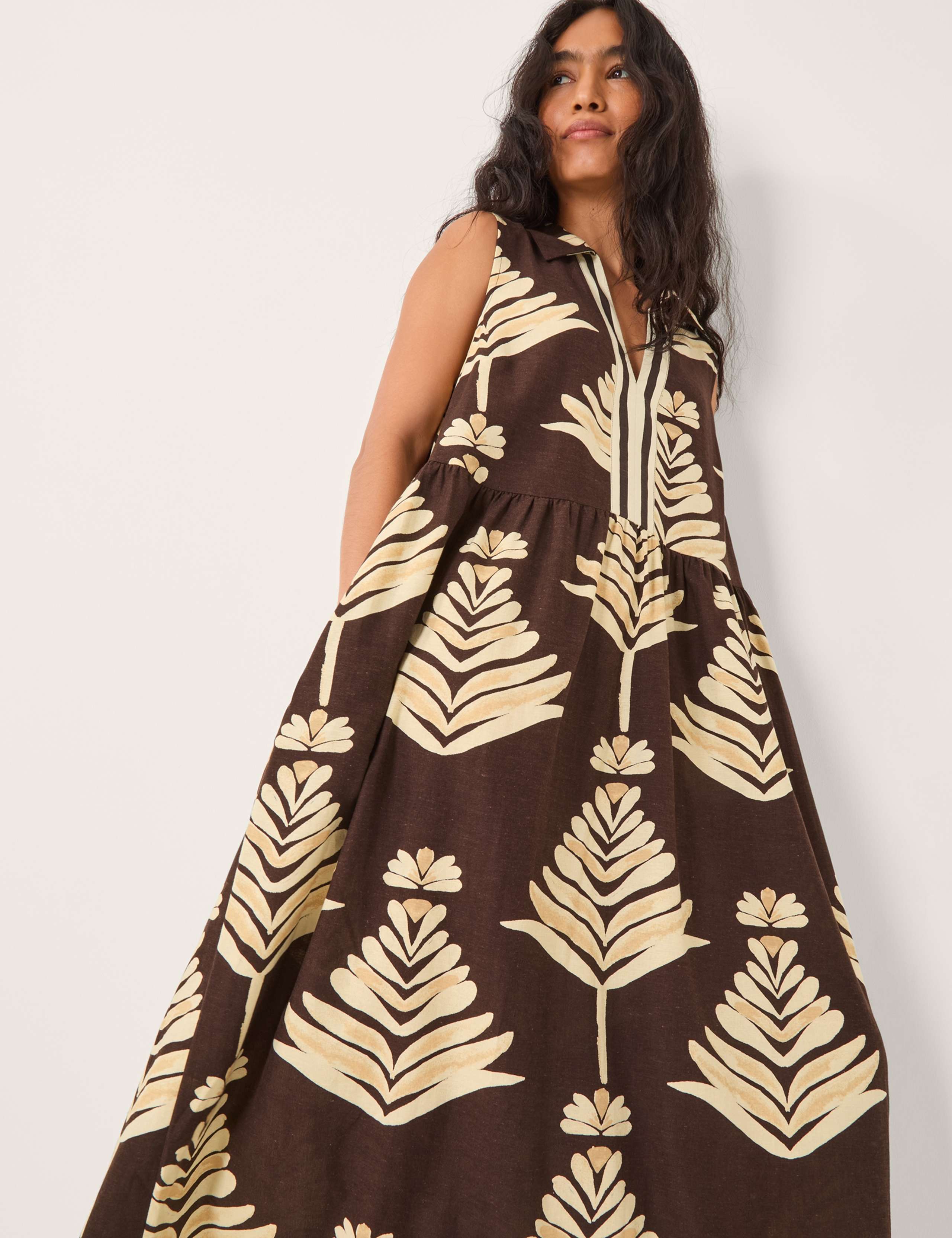 Leaf Print Midi Waisted Dress with Linen 6 of 6