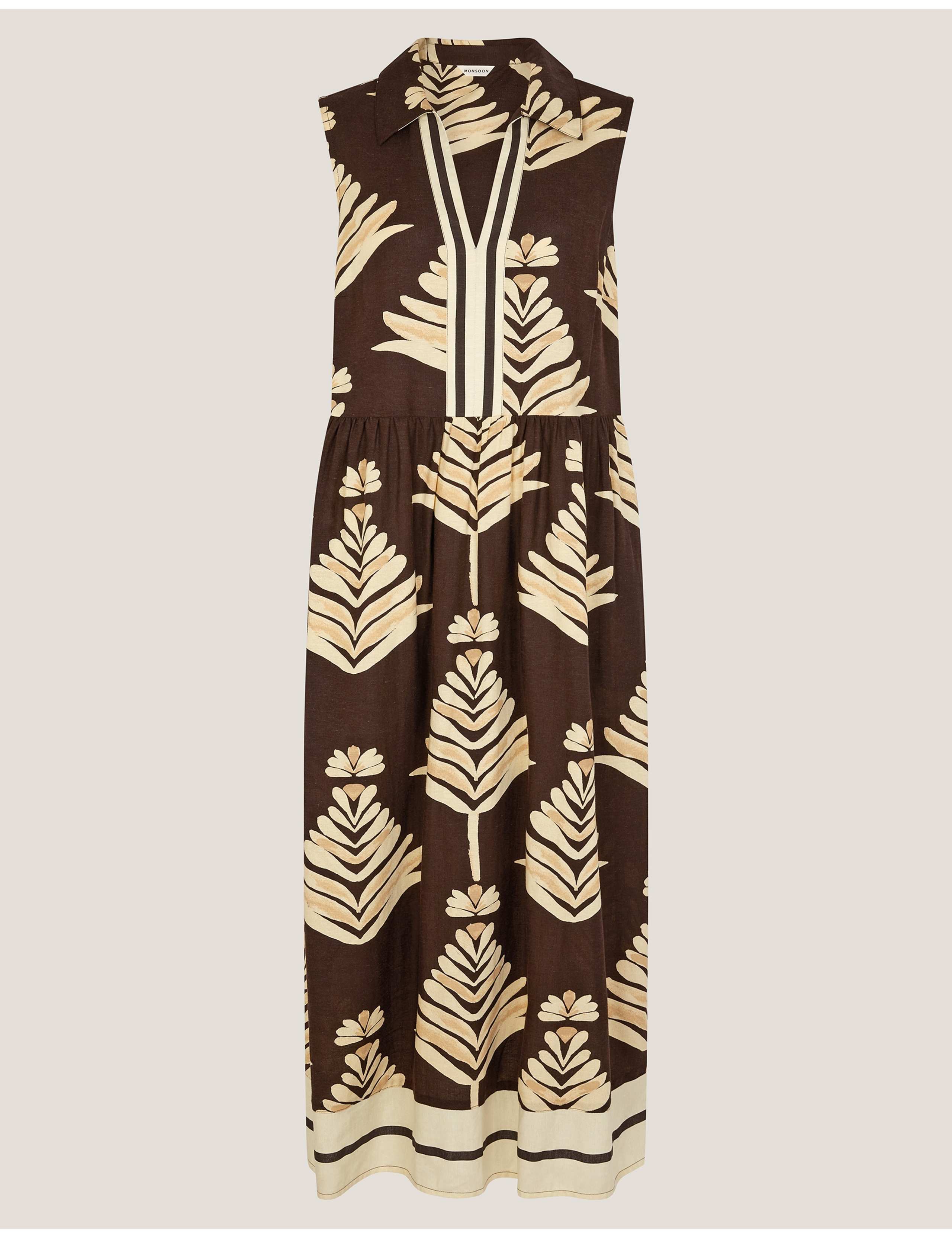 Leaf Print Midi Waisted Dress with Linen 2 of 6