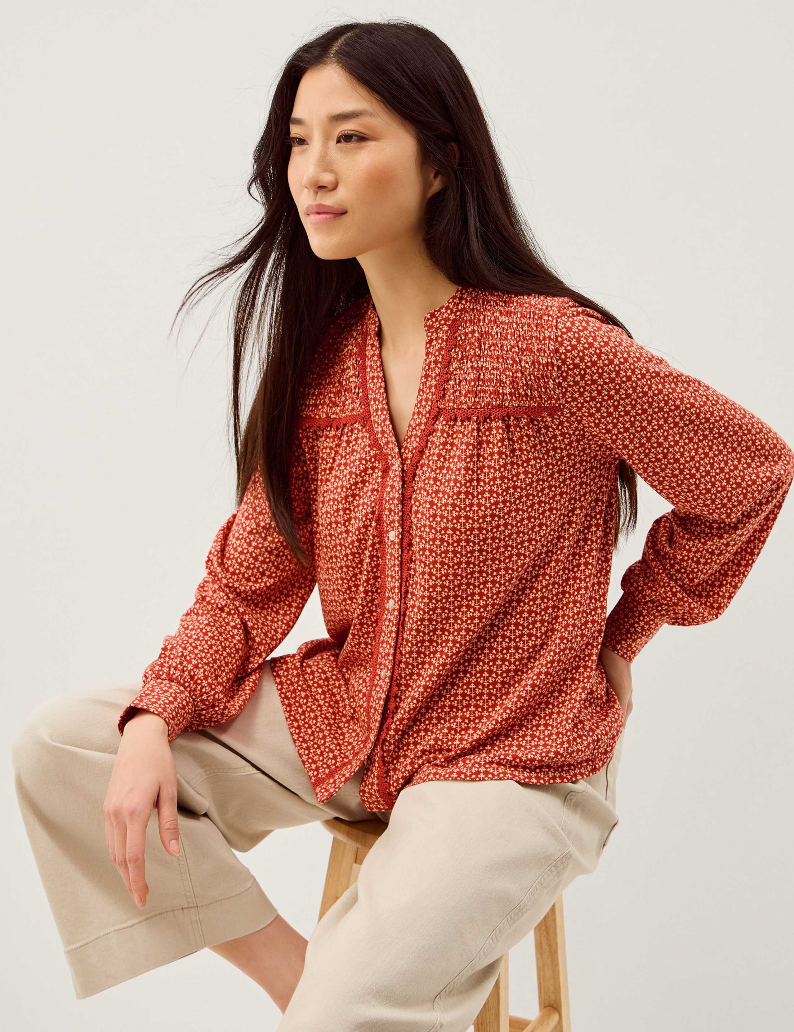 Cotton Rich Printed V-Neck Blouse 1 of 5