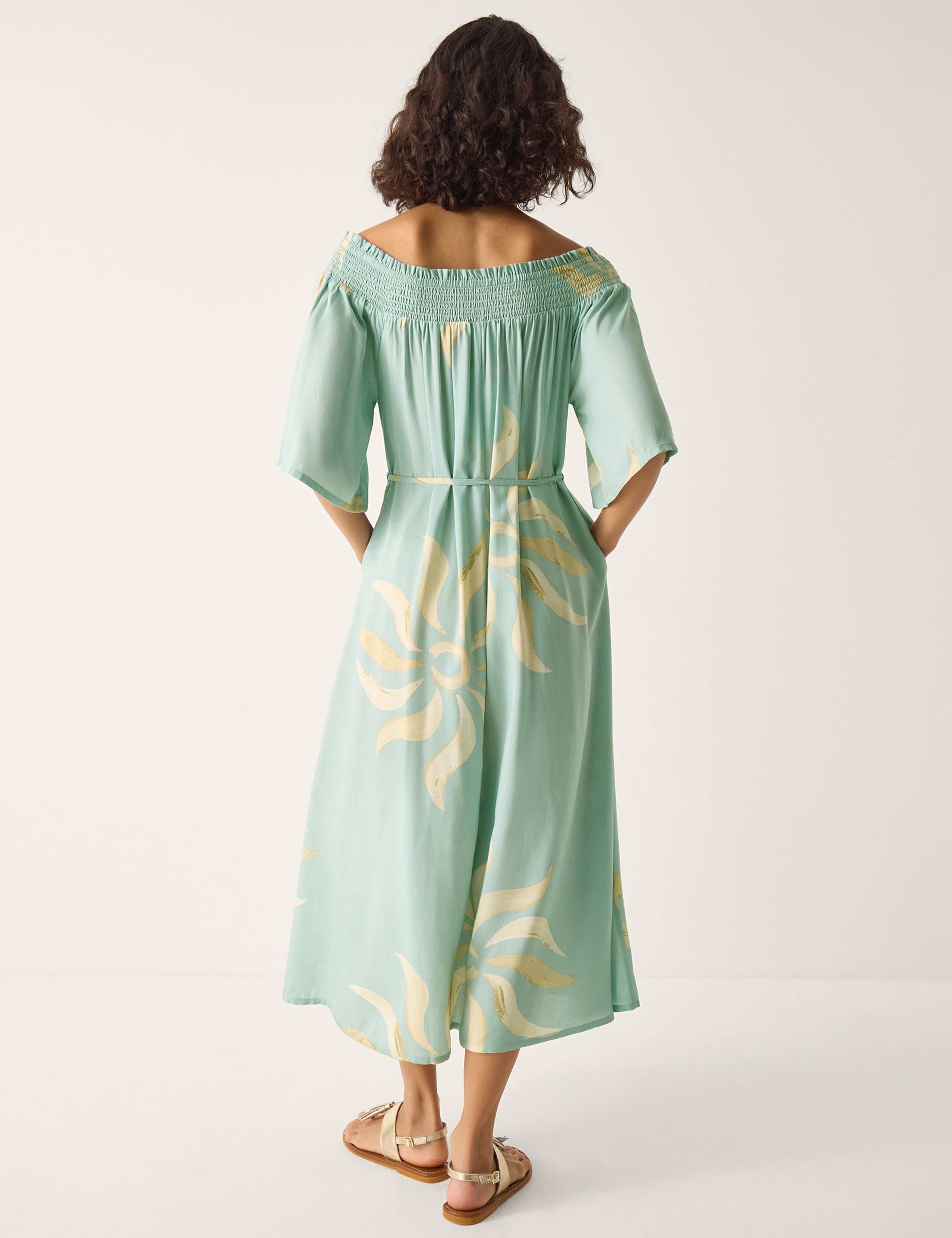Sun Print Bardot Shirred Midi Dress 3 of 6