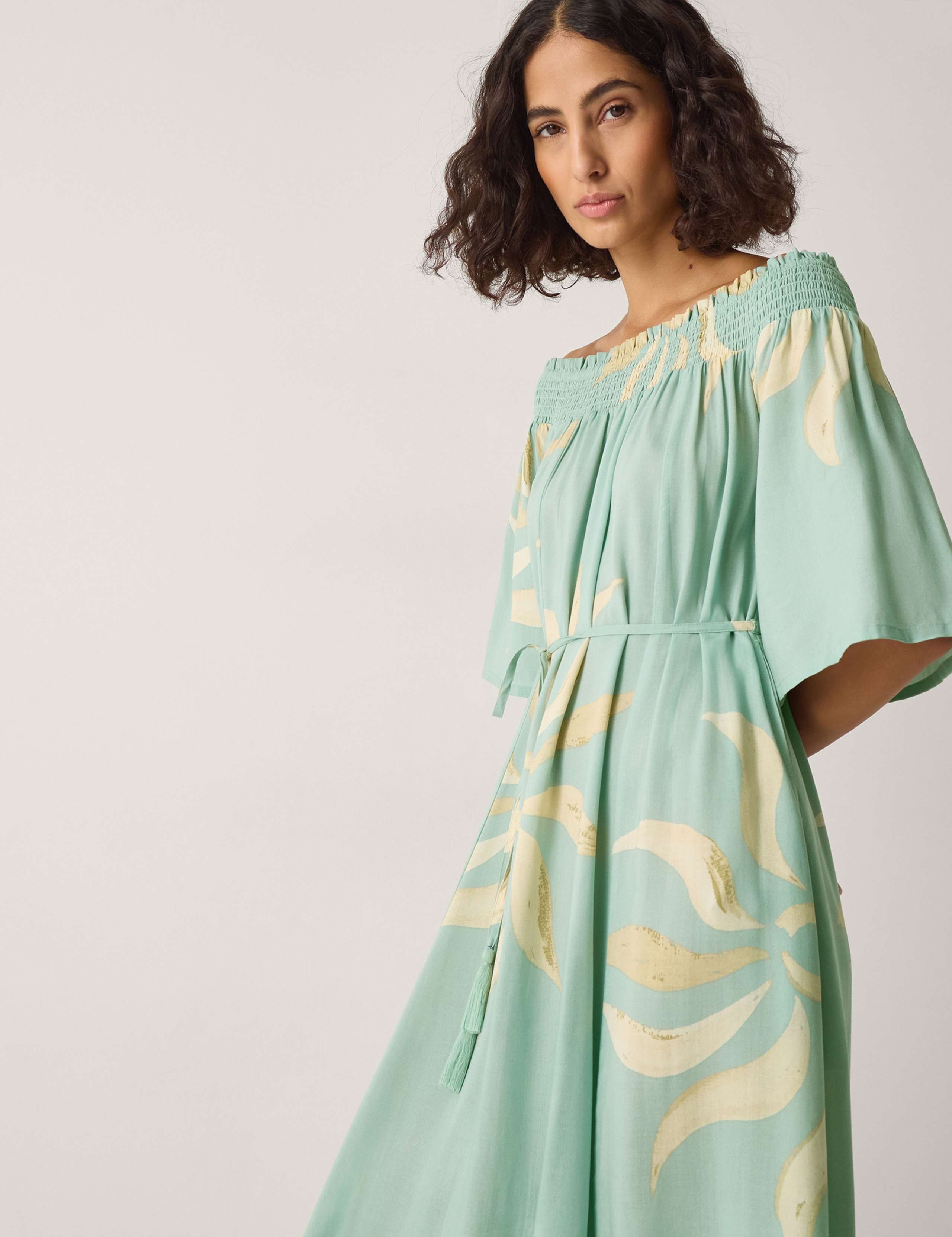 Sun Print Bardot Shirred Midi Dress 6 of 6