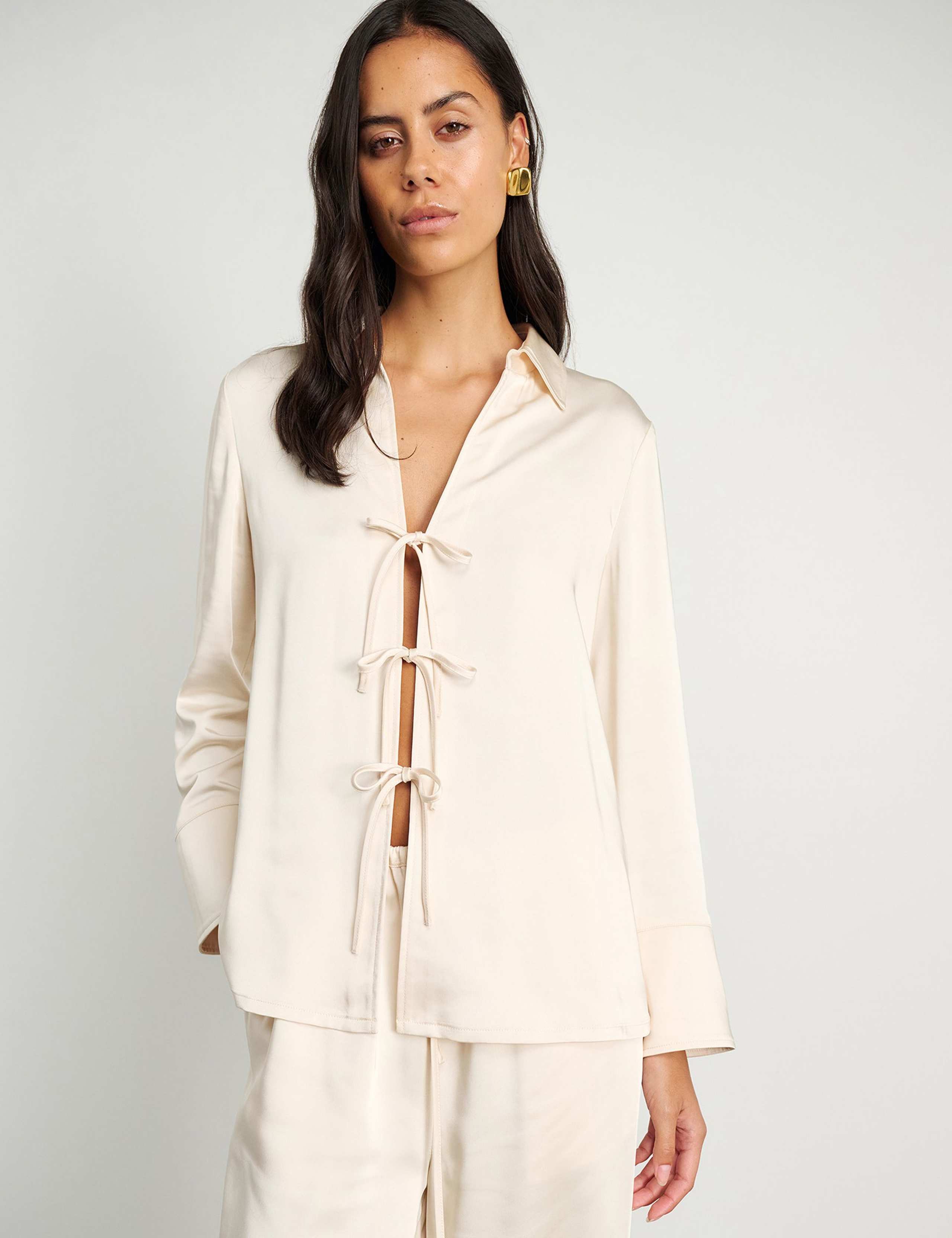 Satin Tie Front Collared Shirt 3 of 6