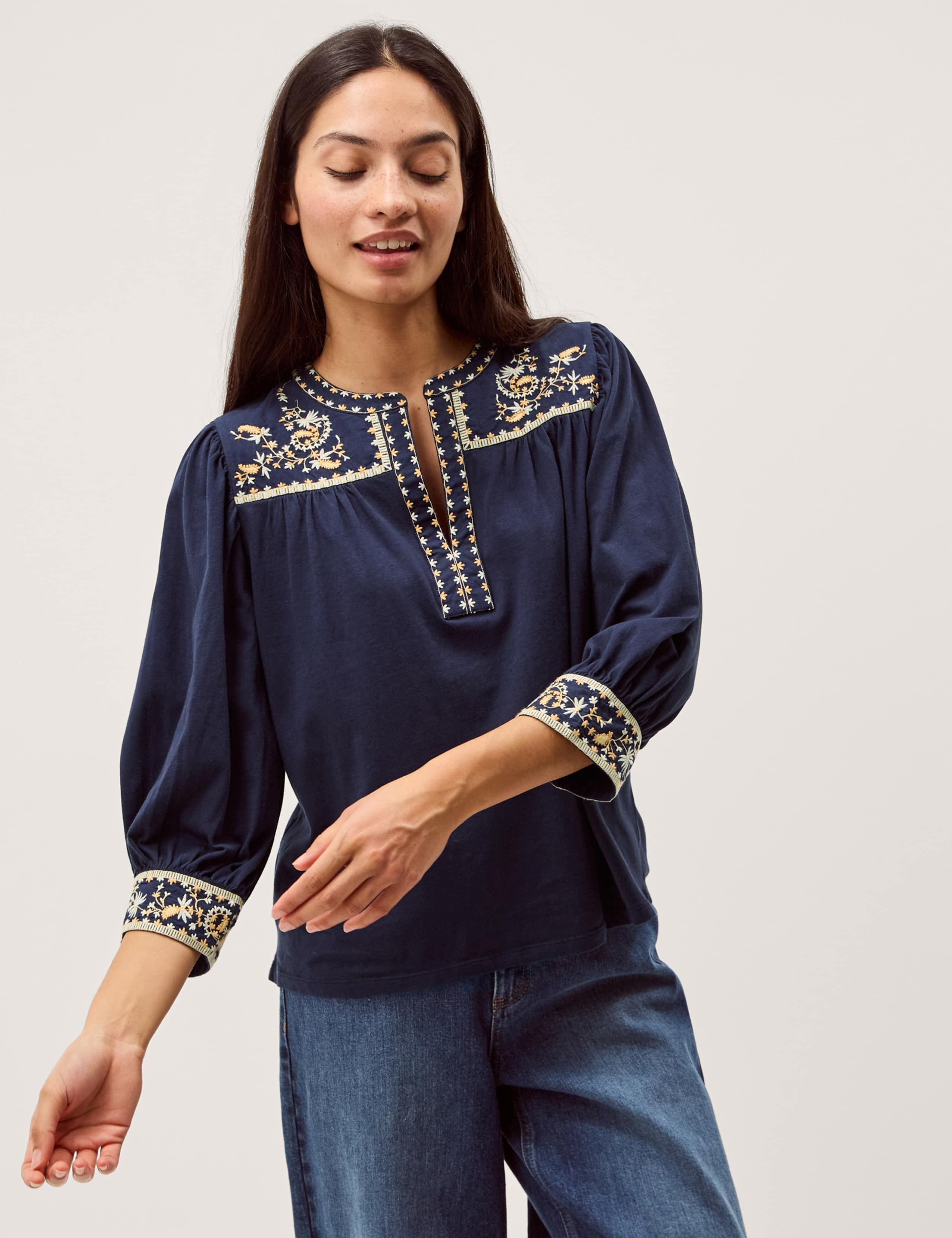 Pure Cotton Embroidered Crew Neck Blouse 1 of 5