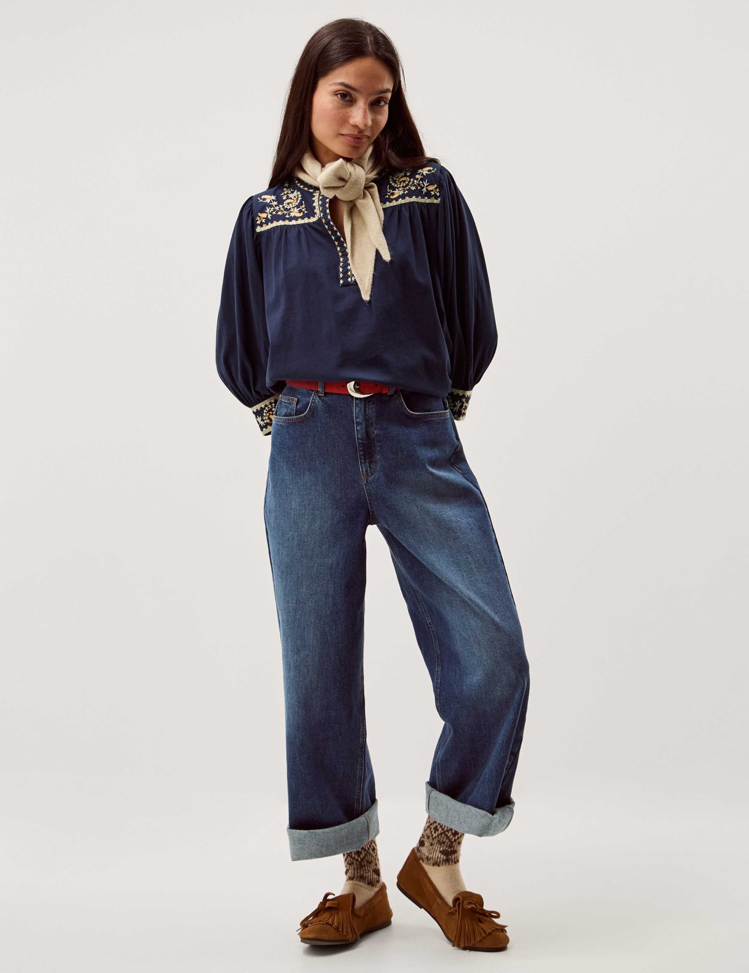 Pure Cotton Embroidered Crew Neck Blouse 3 of 5