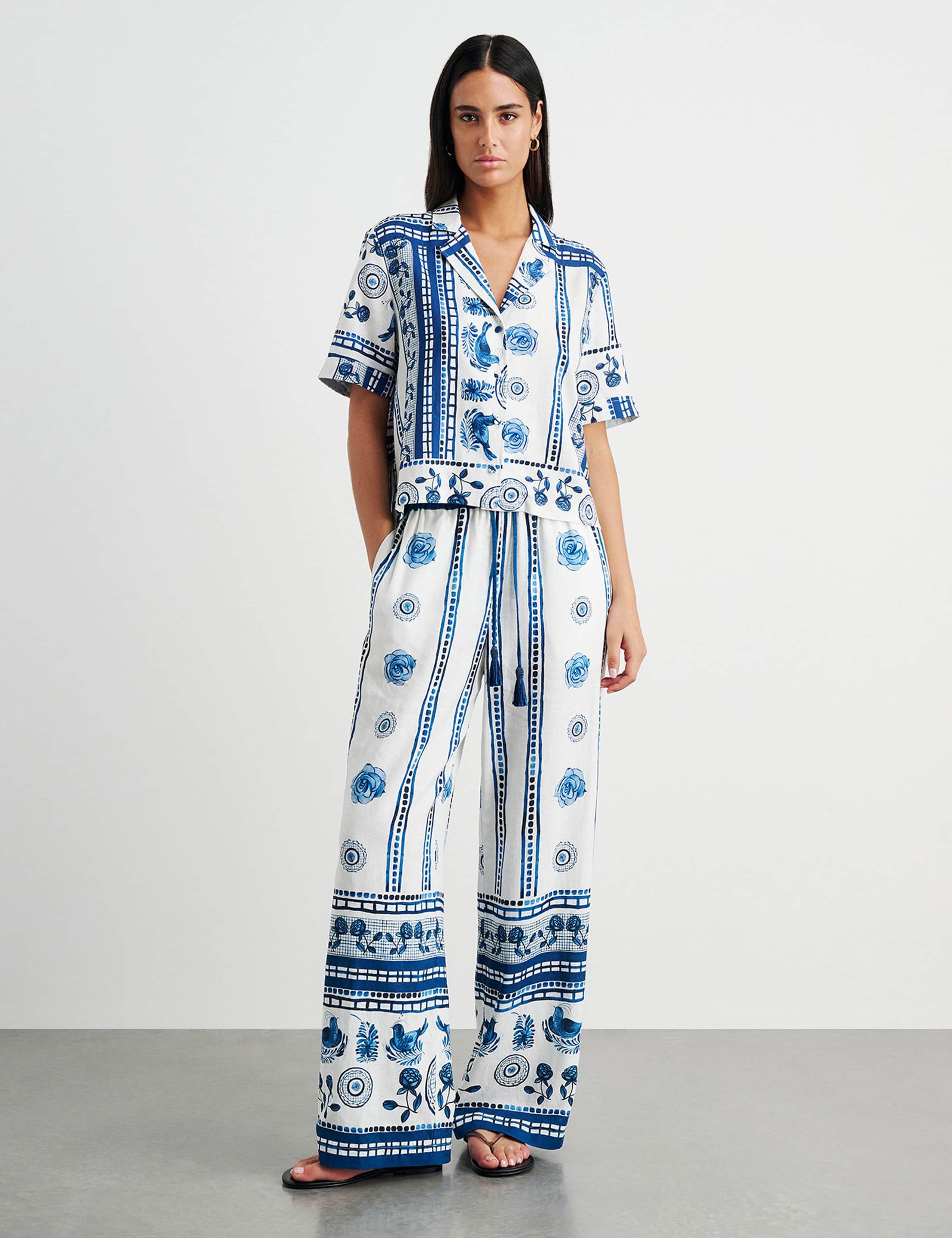 Linen Rich Lovebird Print Wide Leg Trousers 4 of 7