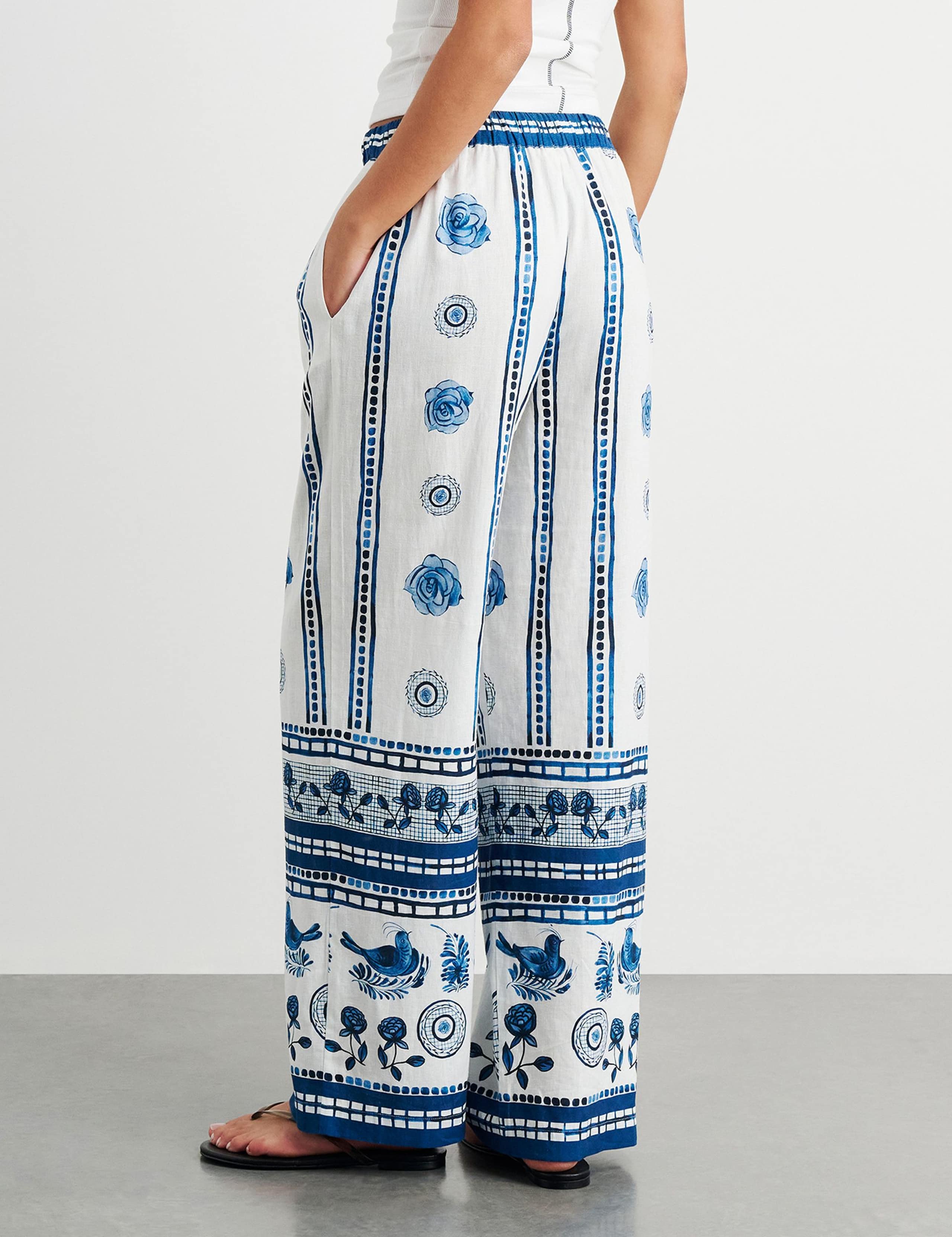 Linen Rich Lovebird Print Wide Leg Trousers 5 of 7