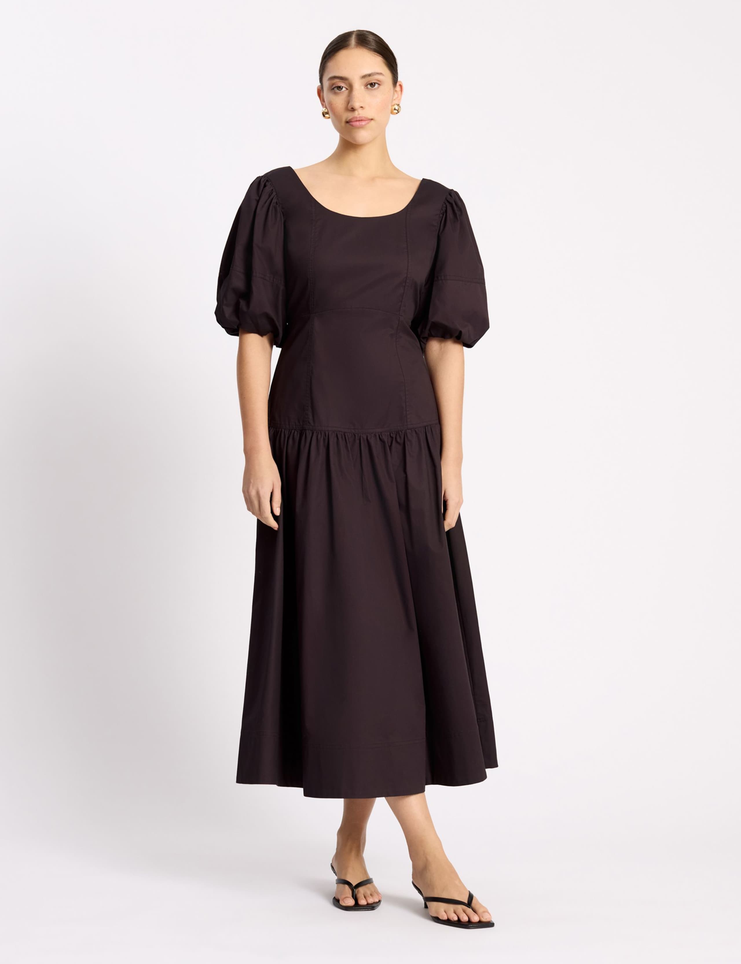 Pure Cotton Sateen Puff Sleeve Neck Midi Dress 1 of 6