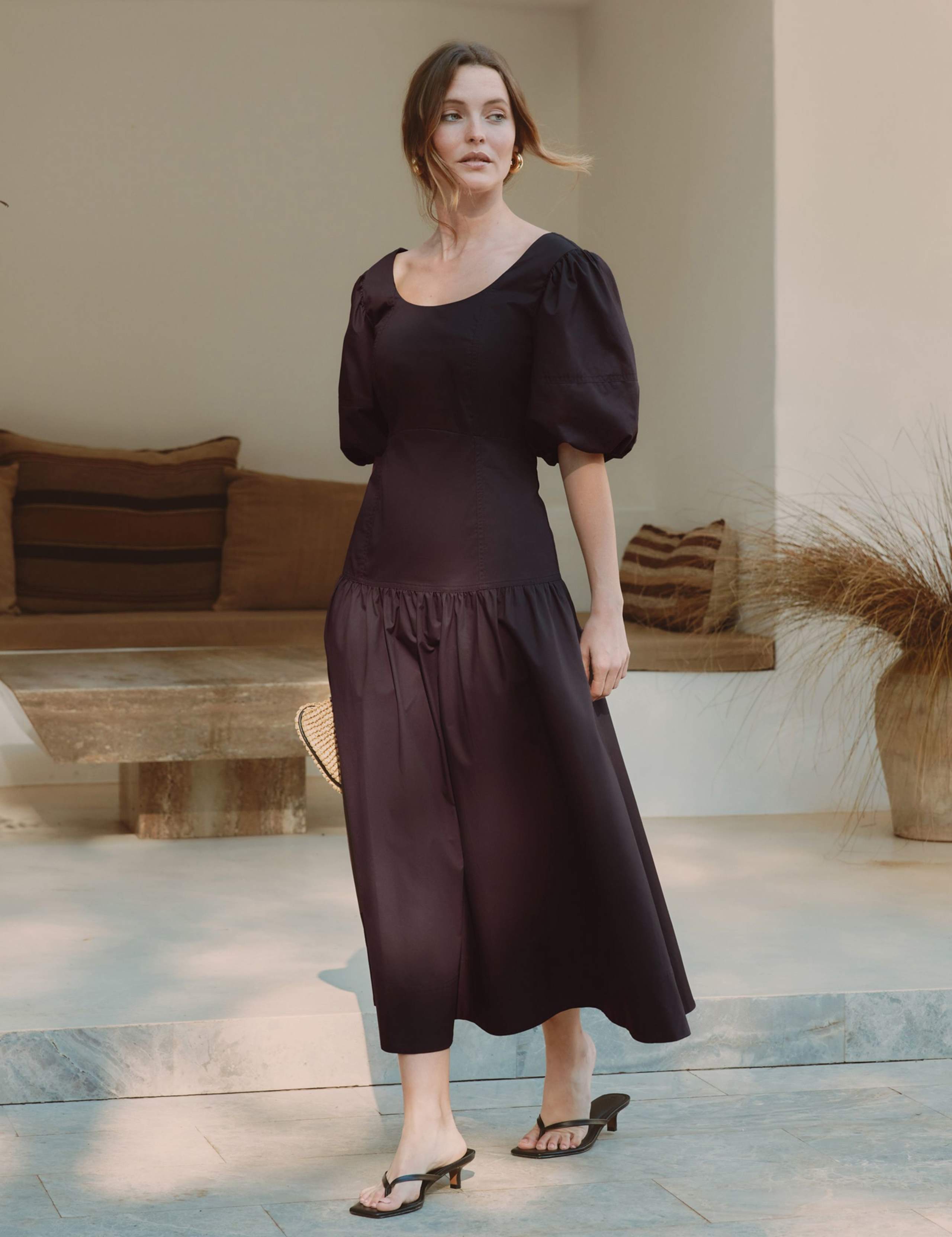 Pure Cotton Sateen Puff Sleeve Neck Midi Dress 3 of 6