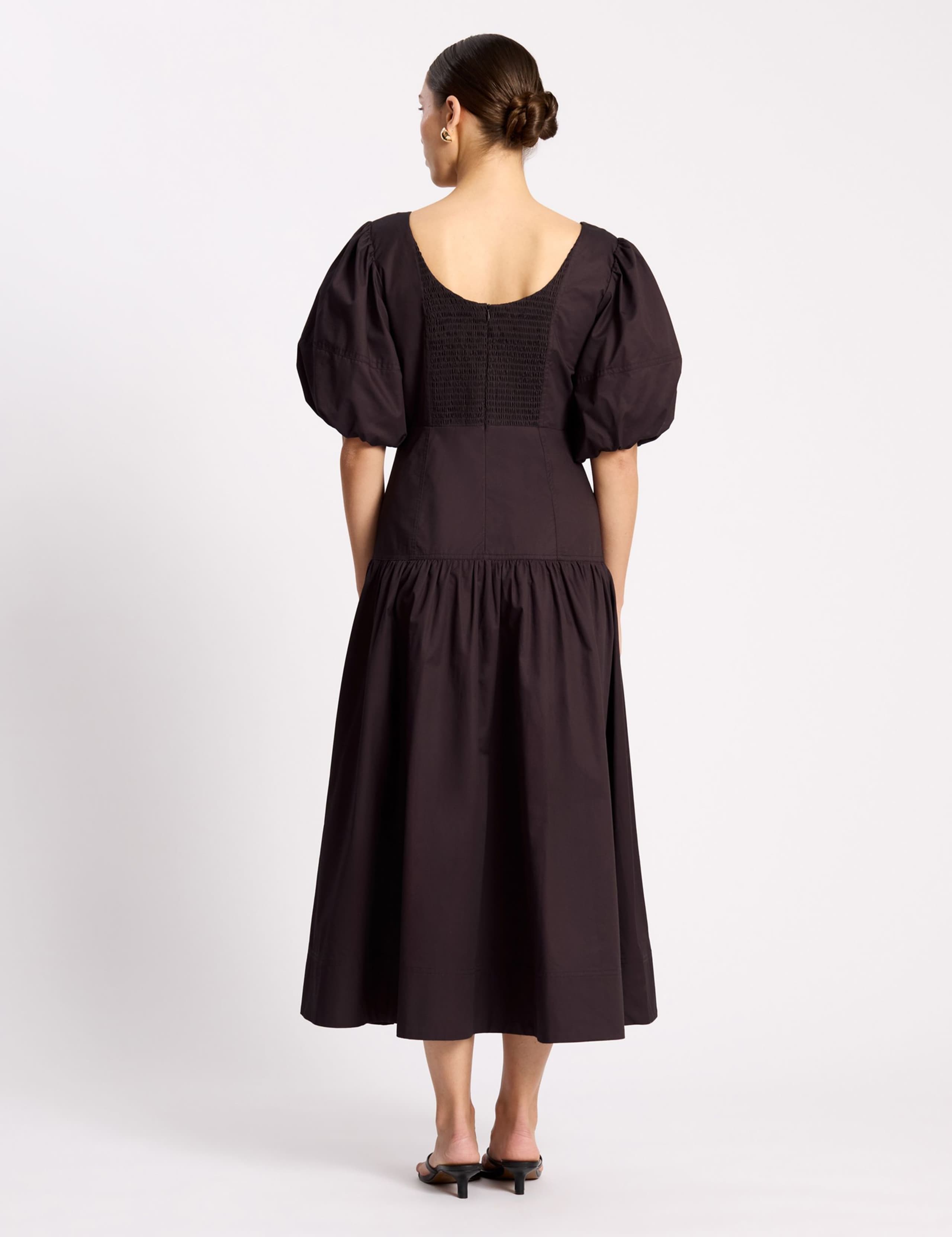 Pure Cotton Sateen Puff Sleeve Neck Midi Dress 4 of 6