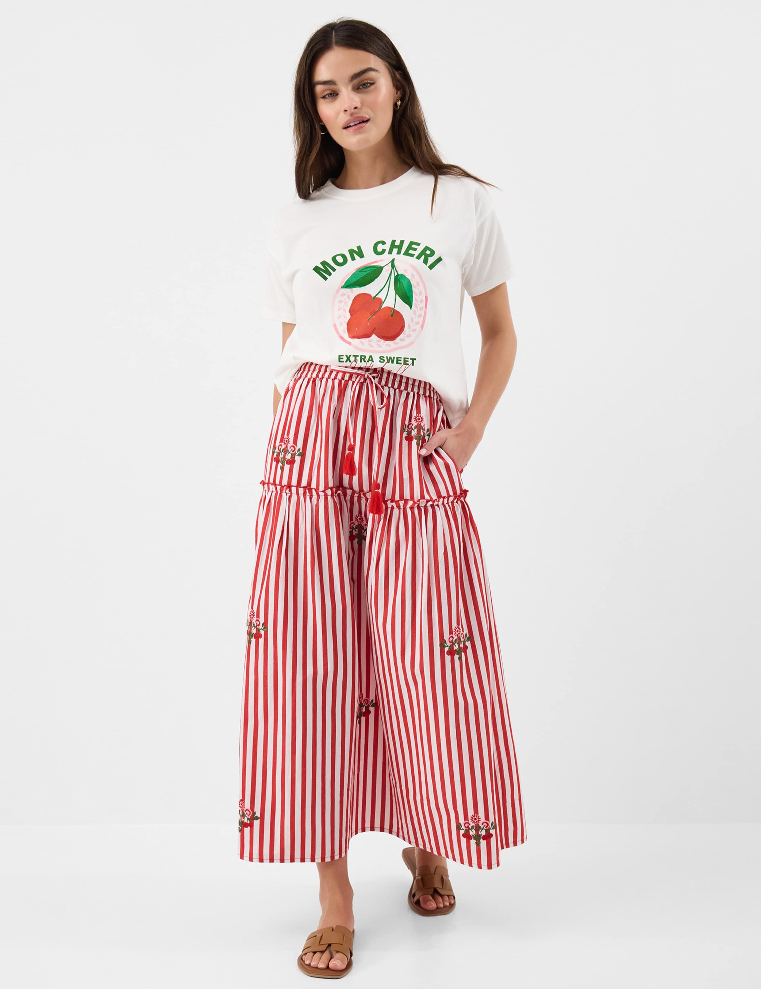 Pure Cotton Striped Embroidered Midi Skirt 1 of 5