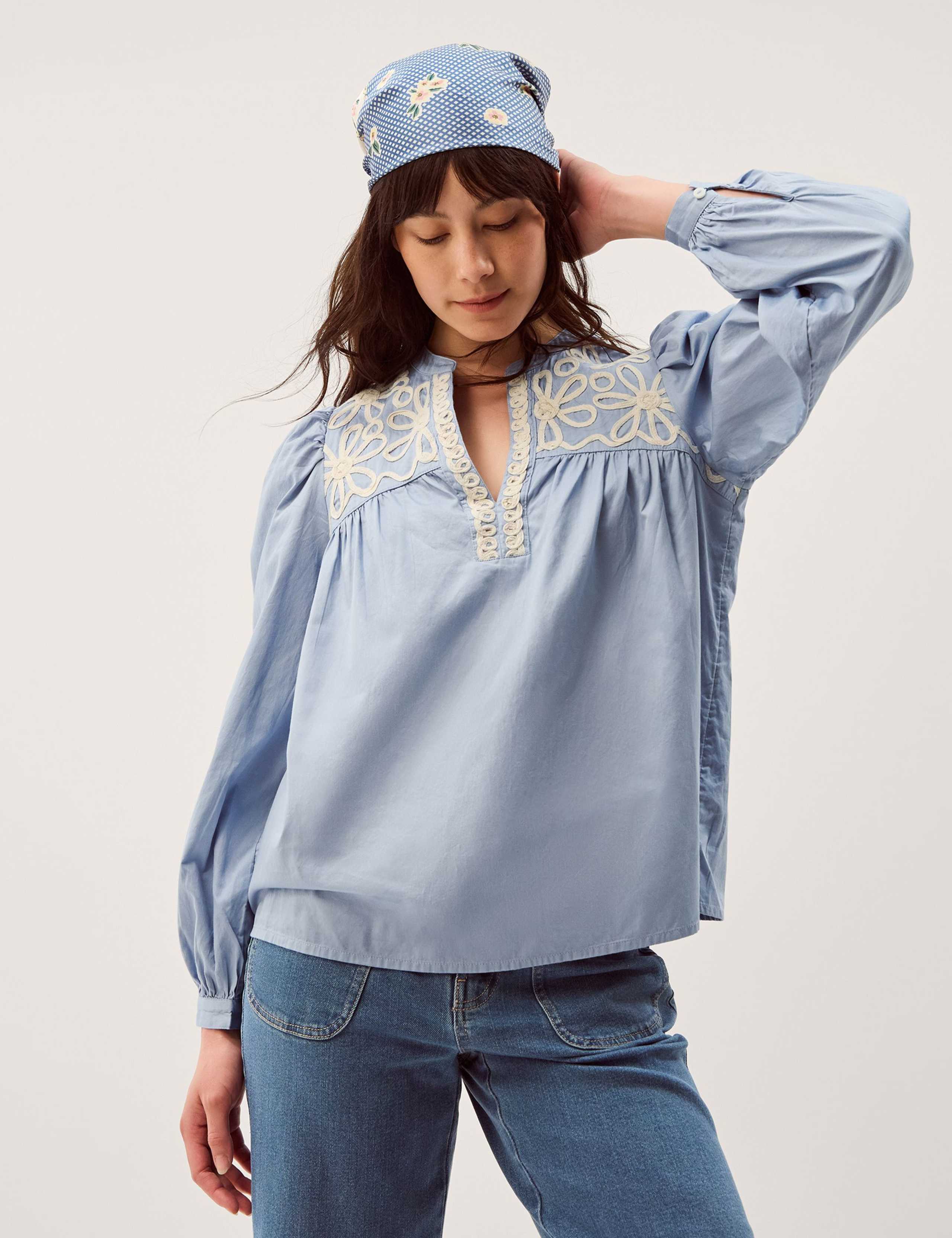 Pure Cotton Embroidered Notch Neck Top 1 of 5