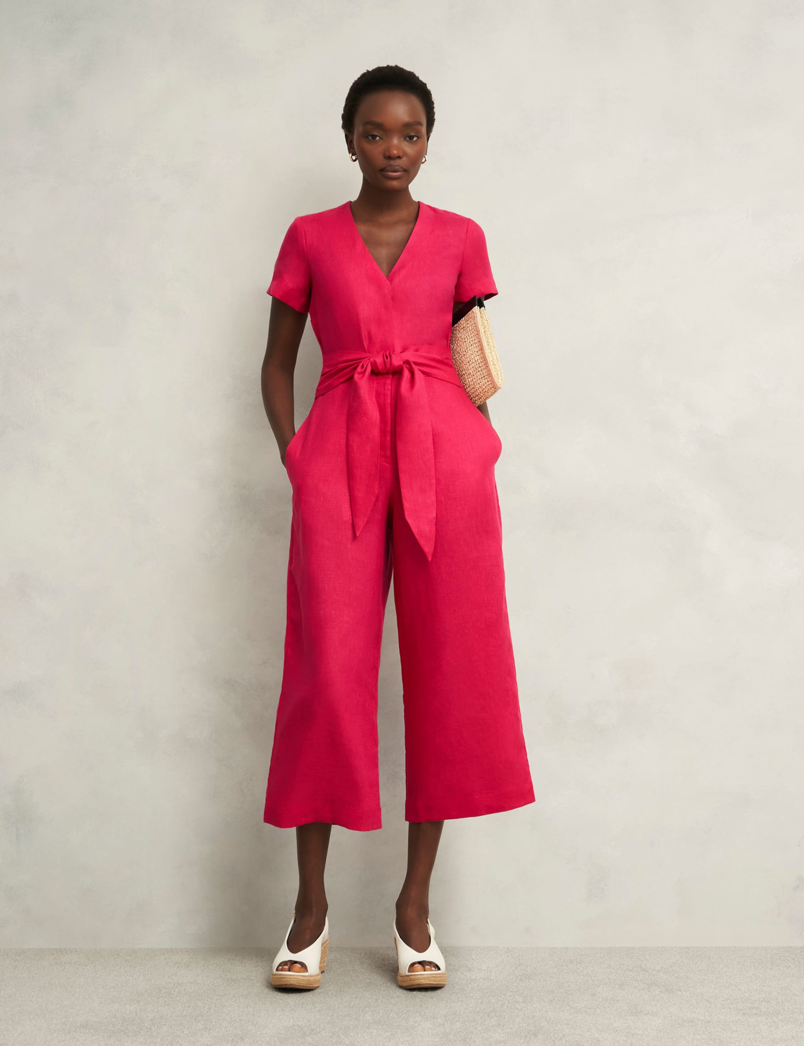 Pure Linen Belted Cropped Wide Leg Jumpsuit 1 of 6