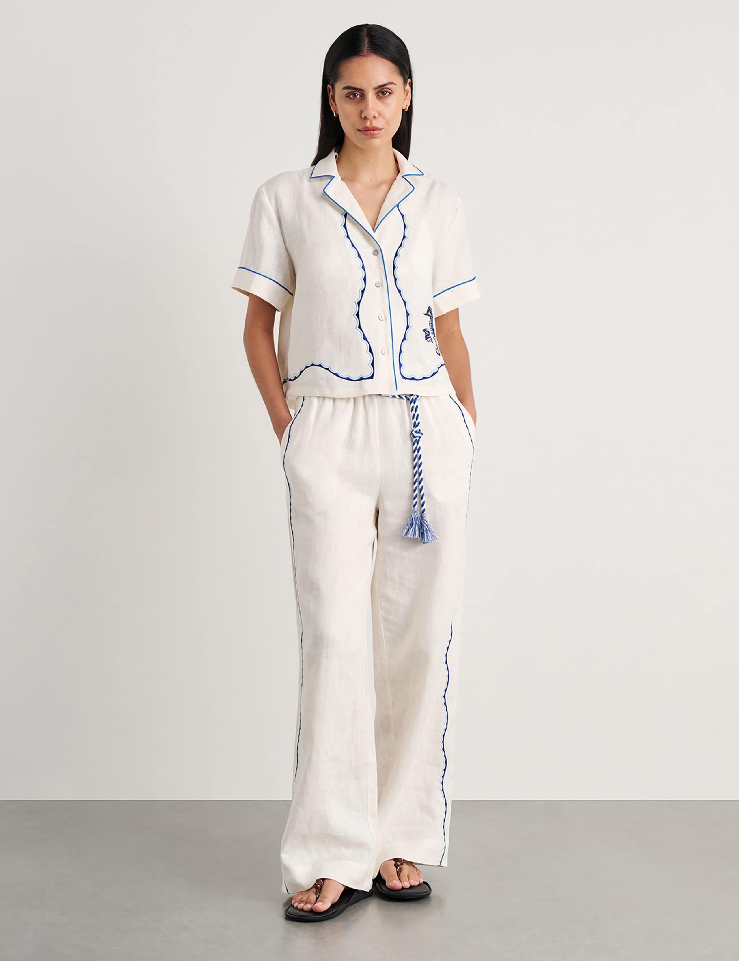 Pure Linen Seahorse Embroidery Cropped Shirt 2 of 5