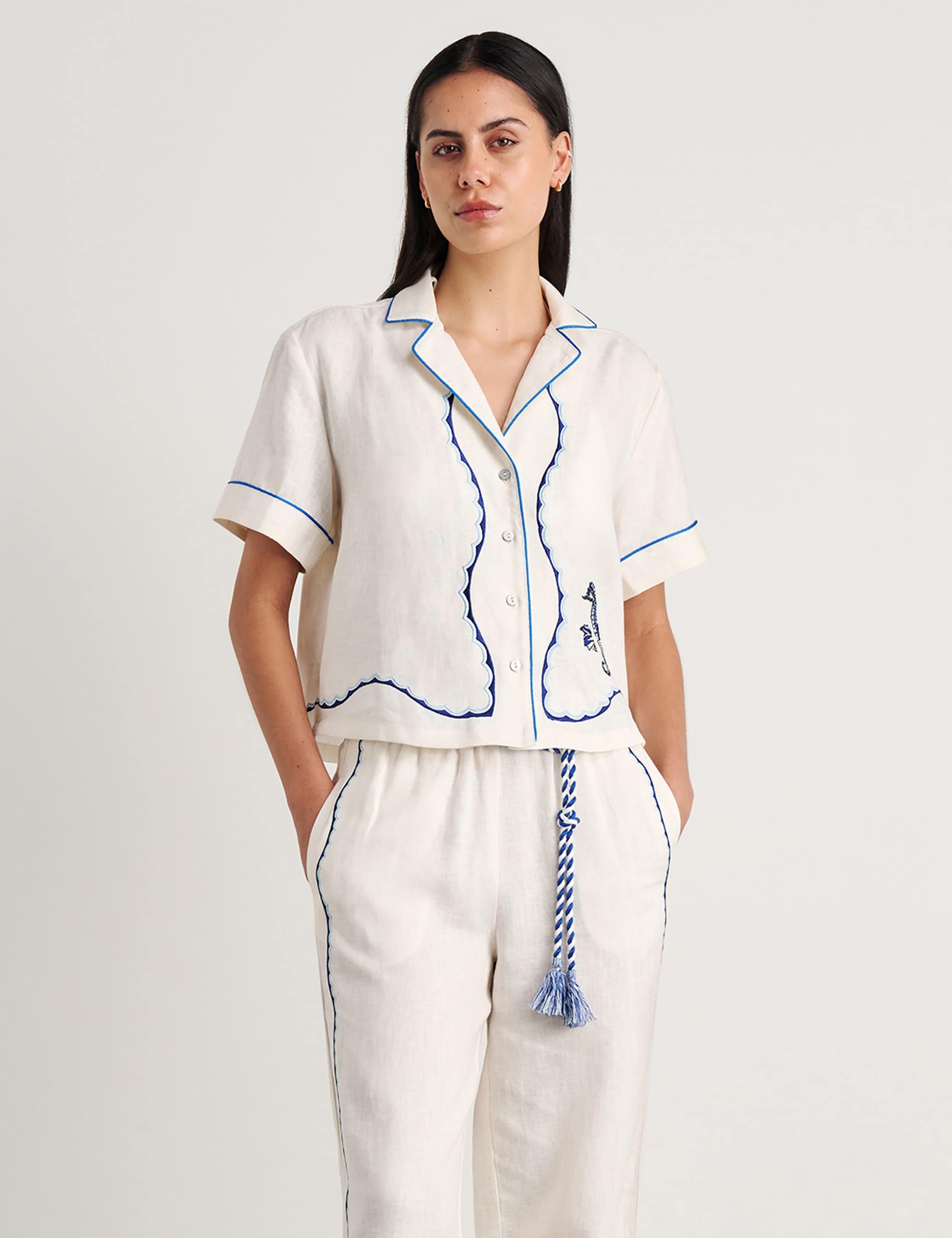Pure Linen Seahorse Embroidery Cropped Shirt 4 of 5