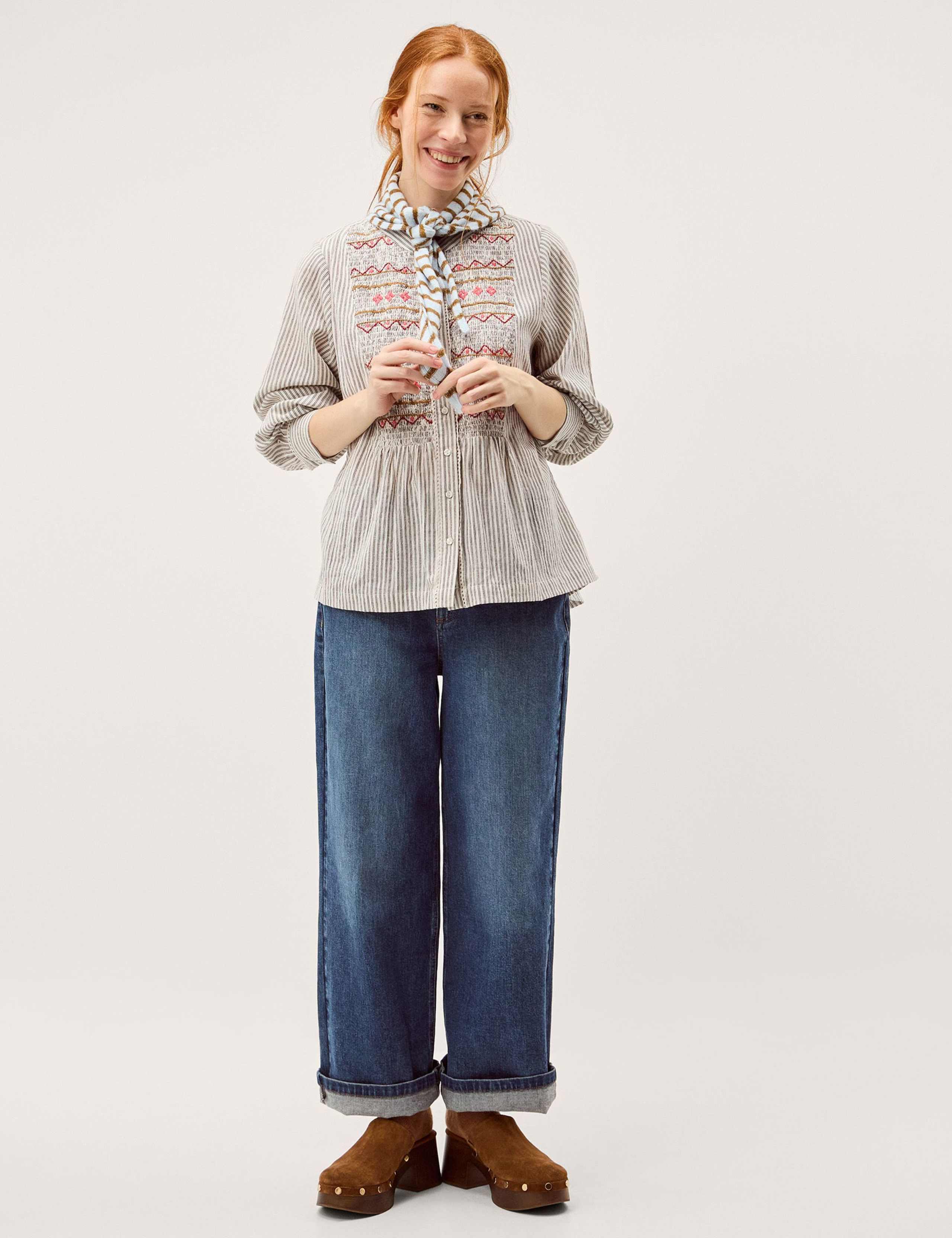 Cotton Rich Striped Shirred Shirt with Linen 3 of 5