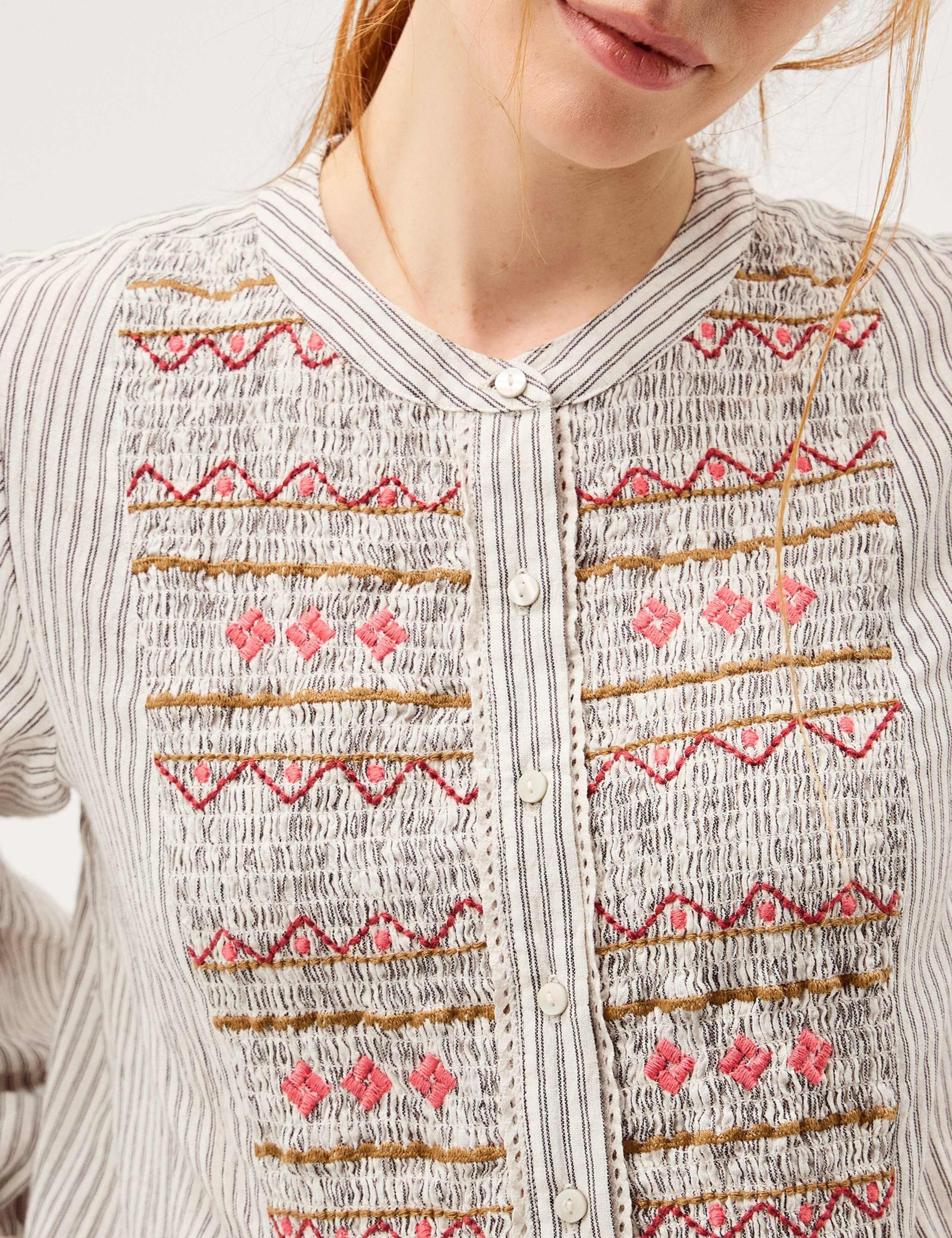 Cotton Rich Striped Shirred Shirt with Linen 4 of 5