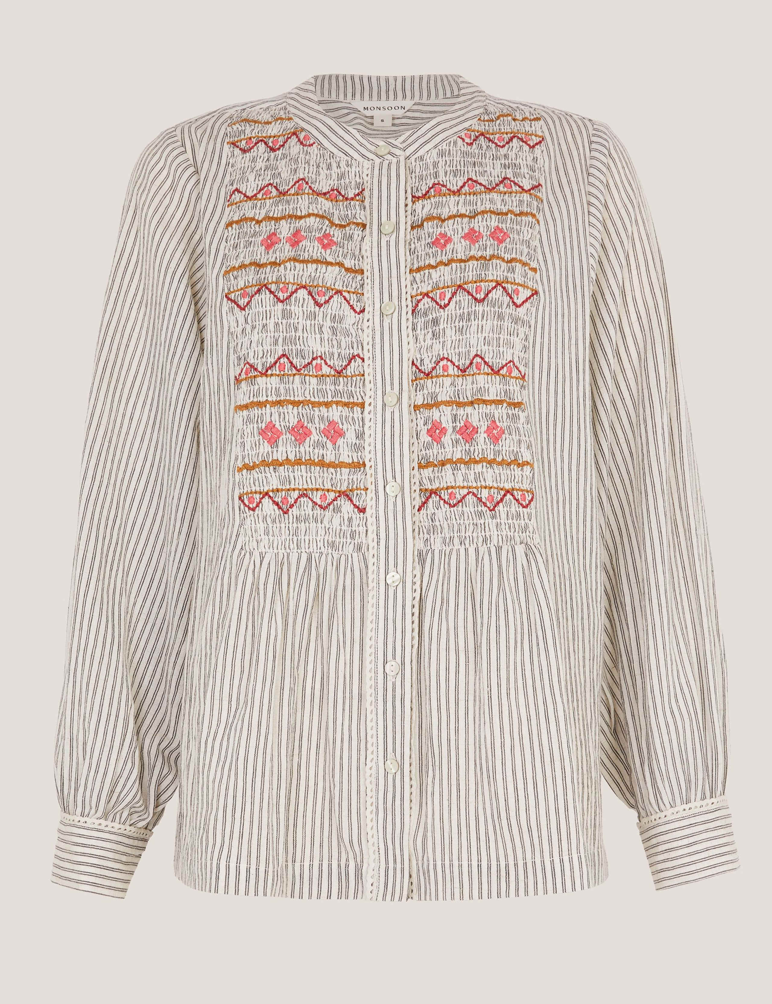 Cotton Rich Striped Shirred Shirt with Linen 2 of 5