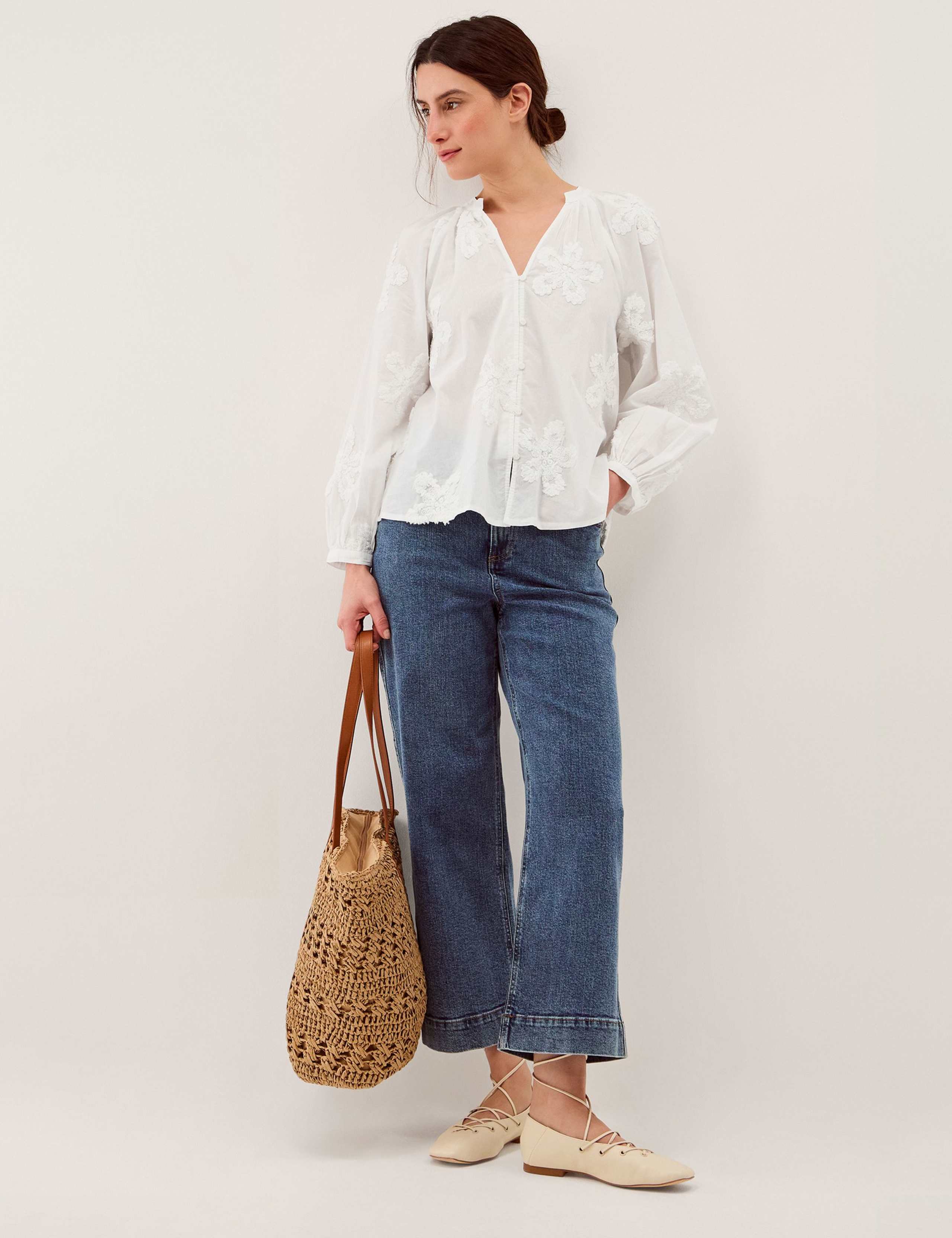 Linen Rich Embroidered V-Neck Blouse 3 of 5