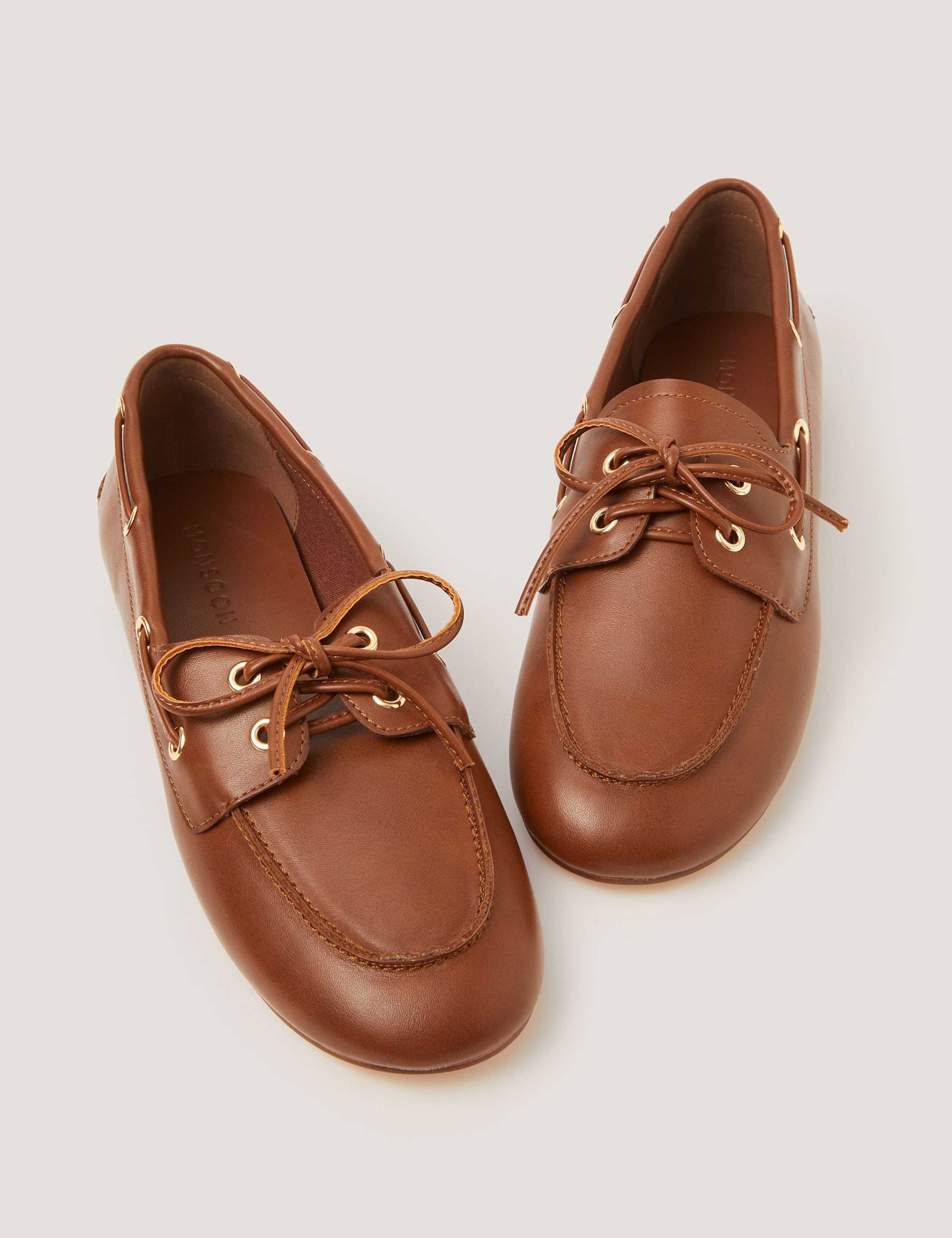 Faux Leather Lace Up Flat Boat Shoes 2 of 3