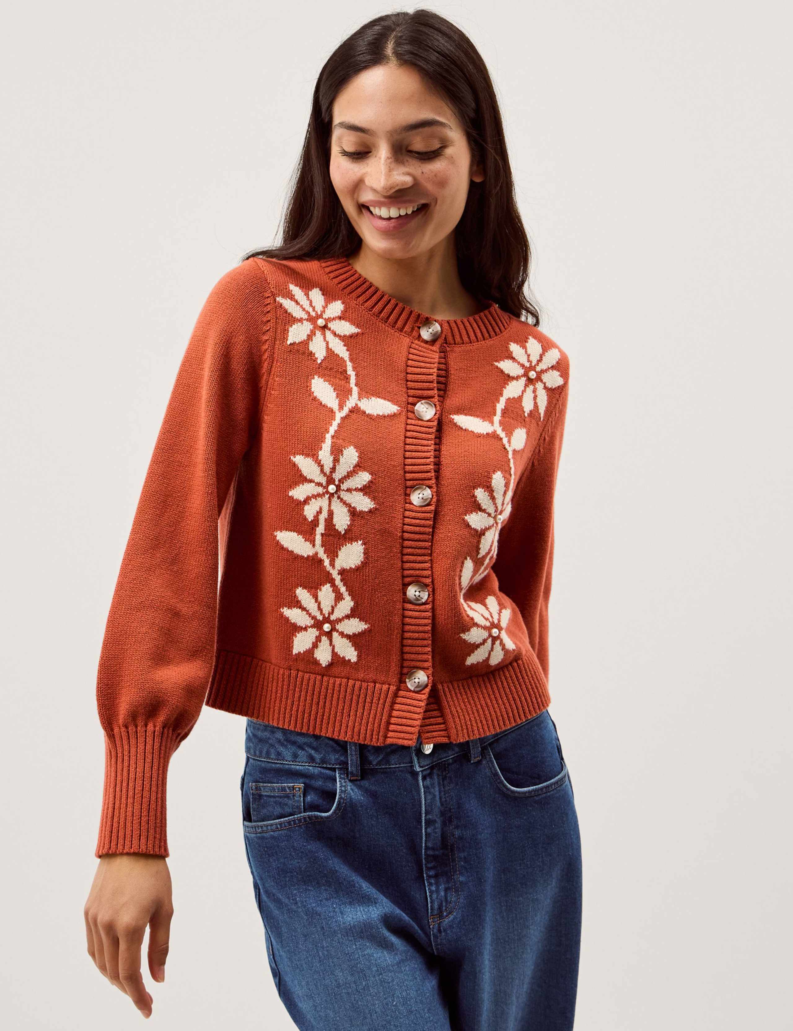 Pure Cotton Floral Blouson Sleeve Cardigan 1 of 5