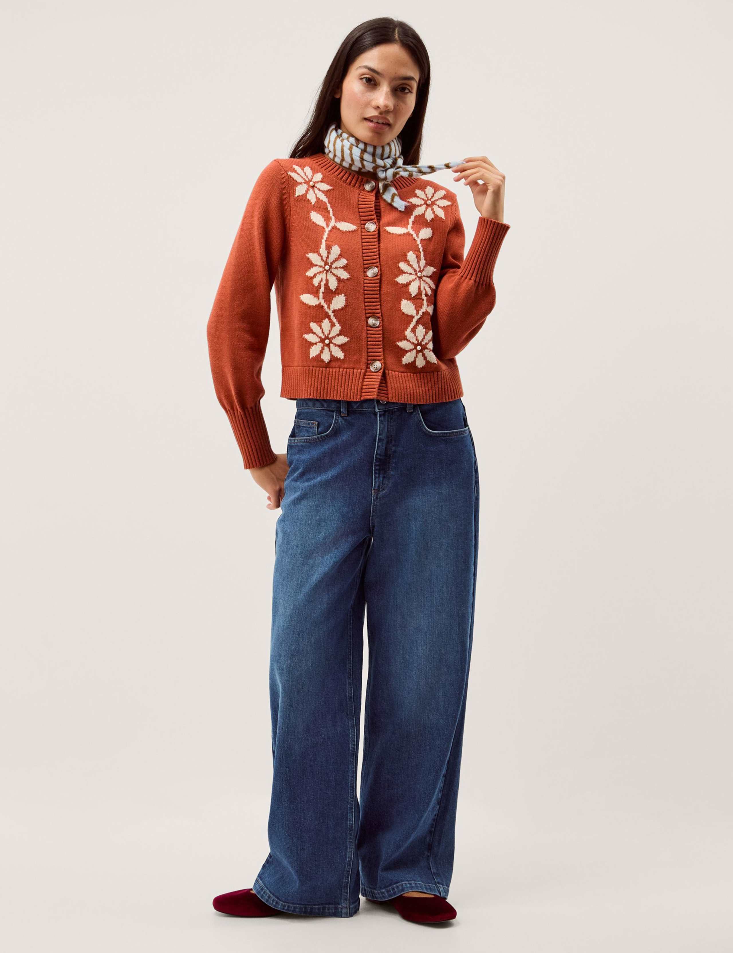 Pure Cotton Floral Blouson Sleeve Cardigan 3 of 5