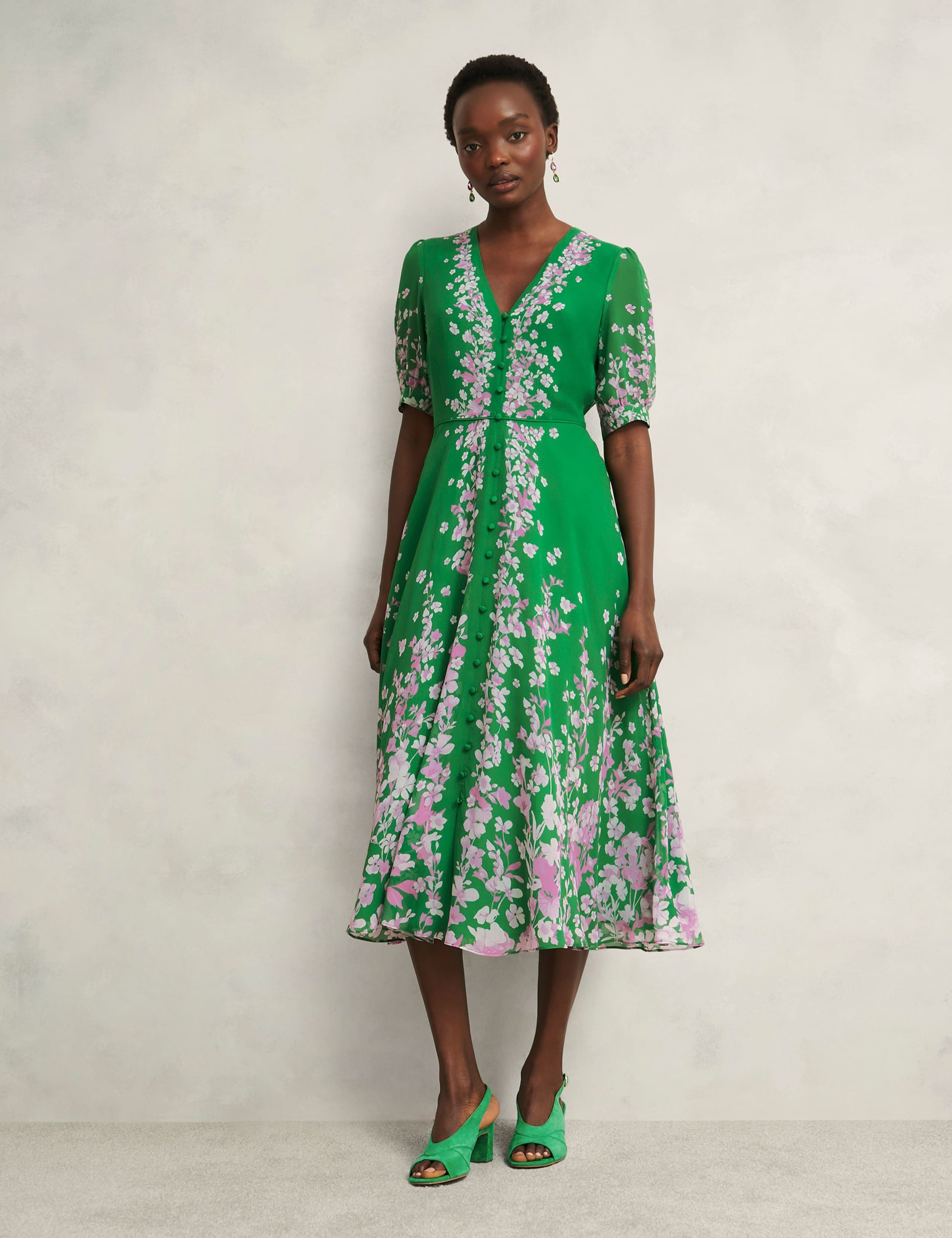 Pure Silk Floral V-Neck Midi Skater Dress 4 of 10