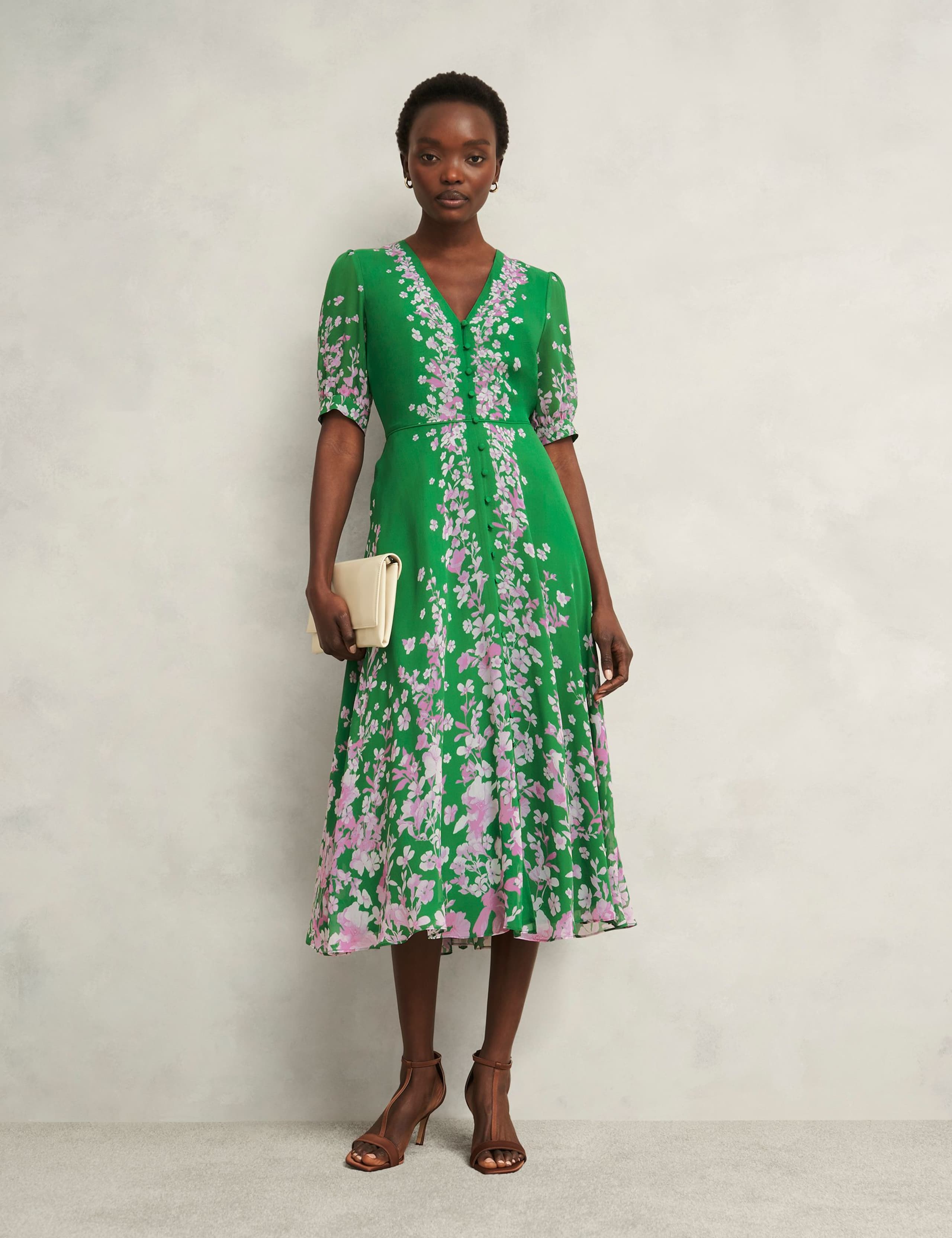 Pure Silk Floral V-Neck Midi Skater Dress 5 of 10