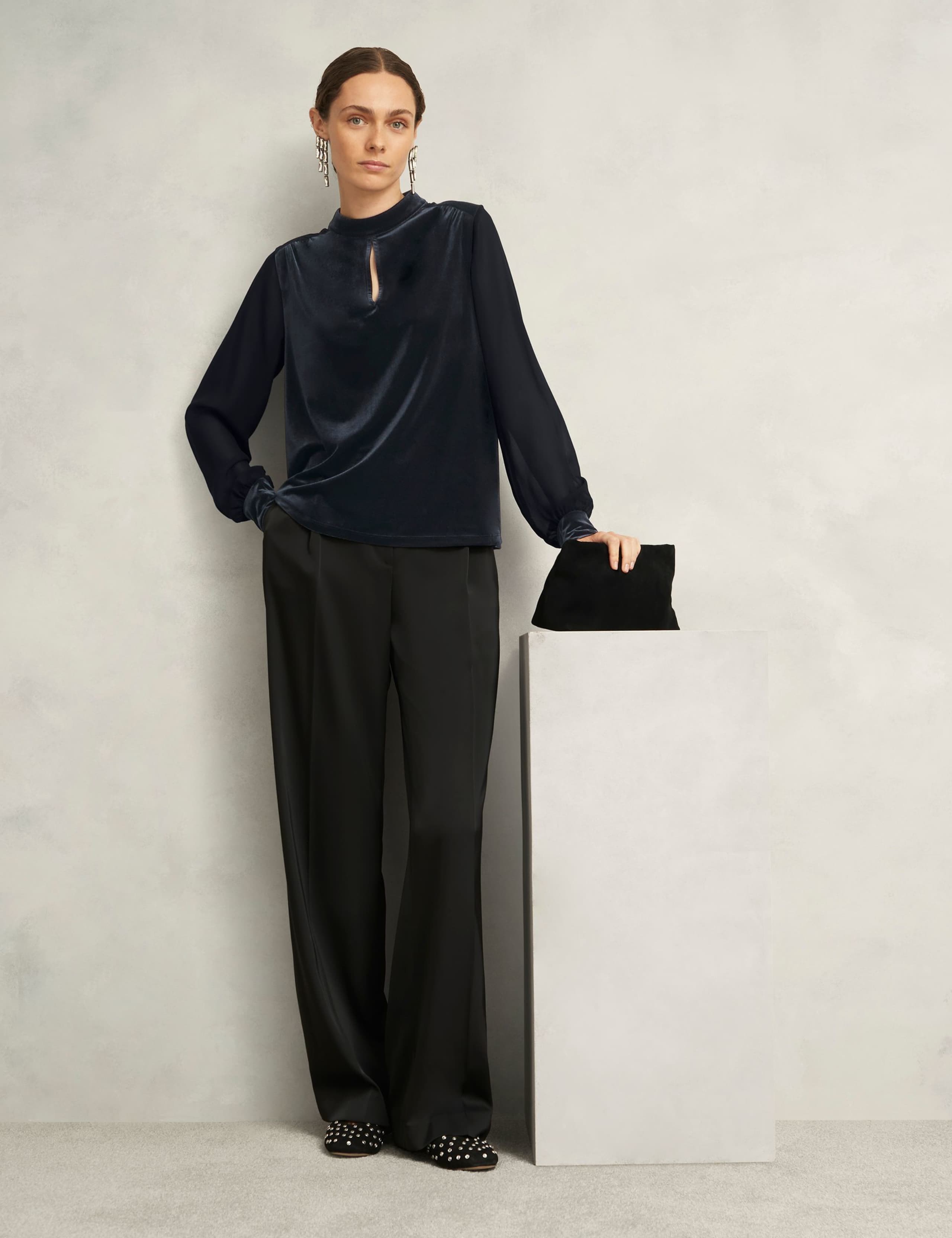 Velvet High Neck Sheer Sleeve Keyhole Top 3 of 6