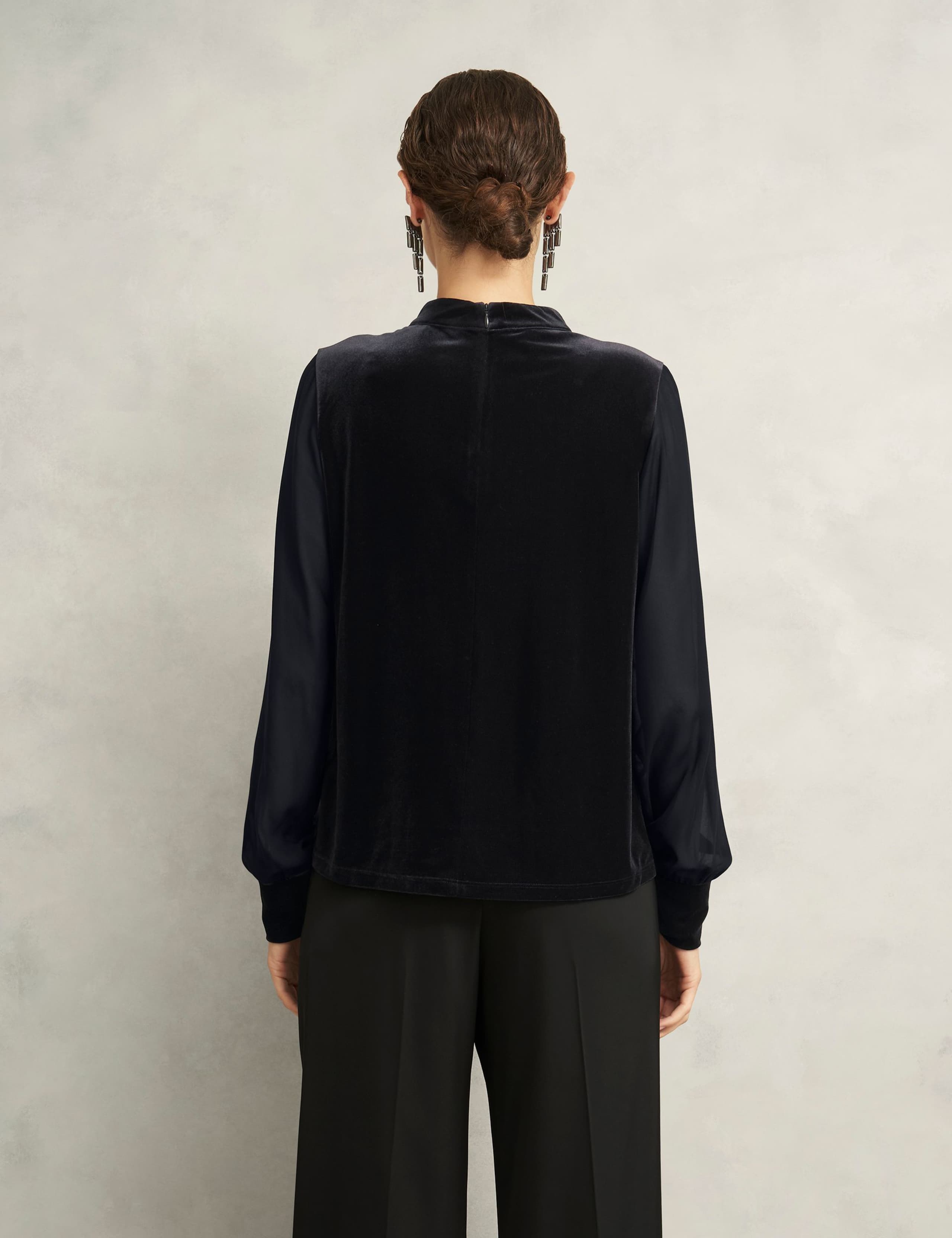 Velvet High Neck Sheer Sleeve Keyhole Top 4 of 6
