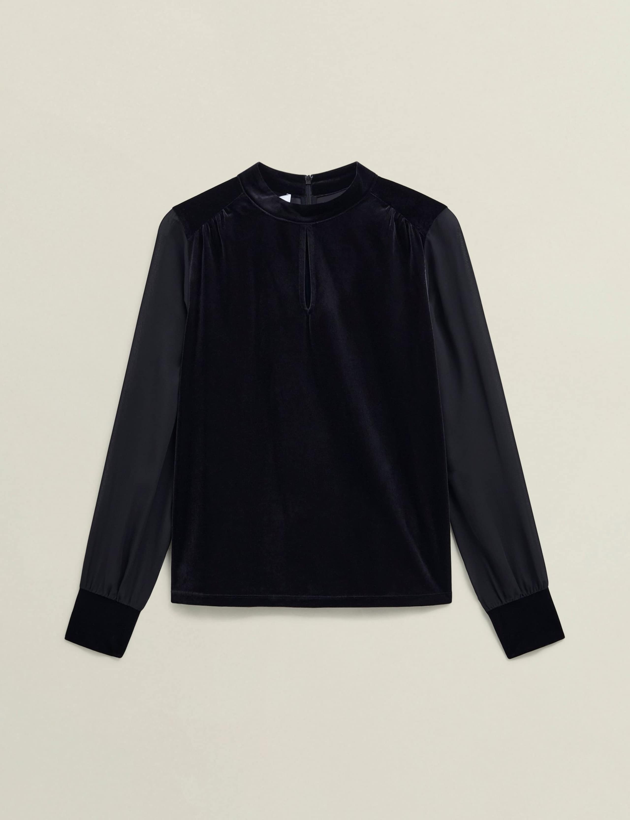 Velvet High Neck Sheer Sleeve Keyhole Top 2 of 6