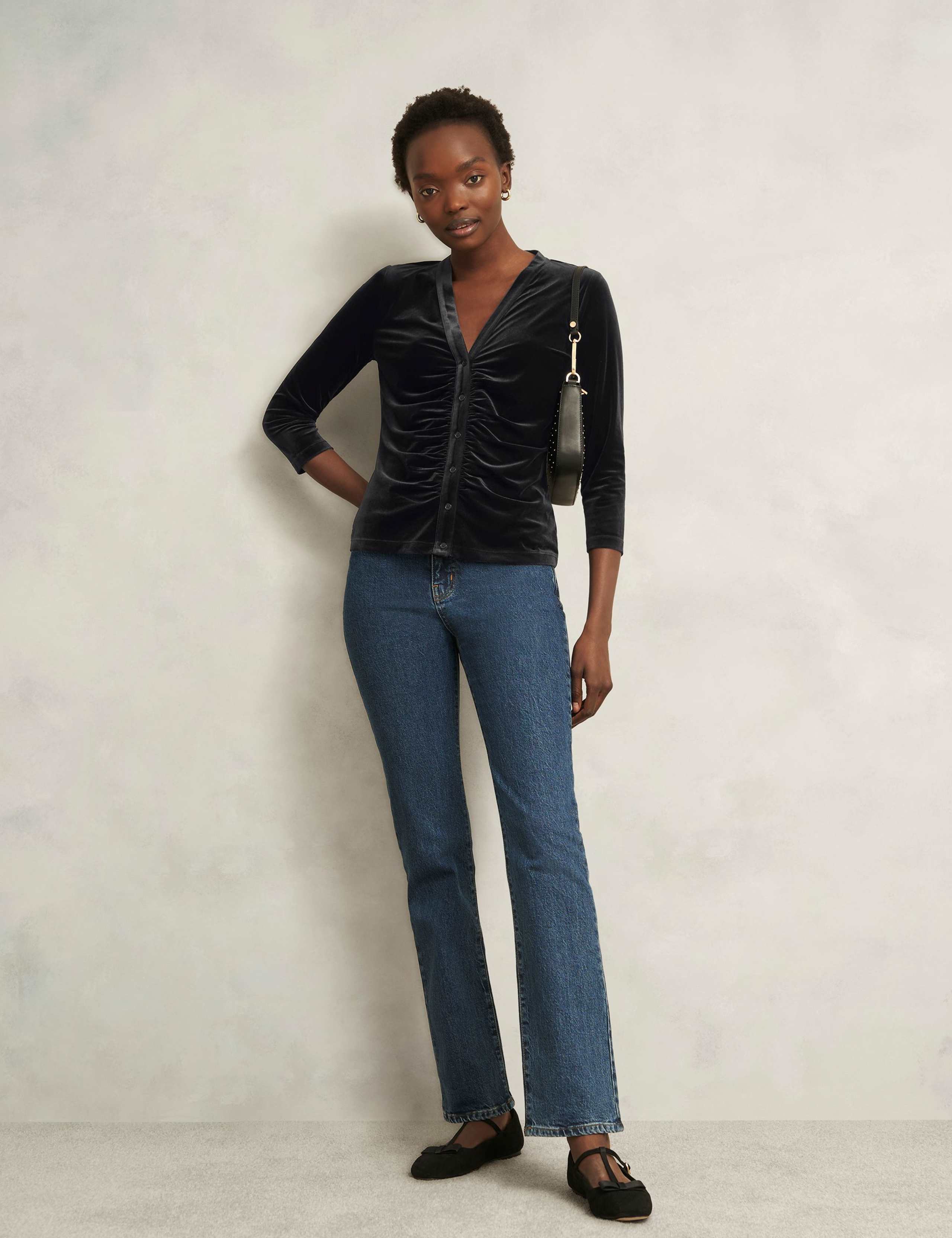 Velvet Ruched V-Neck 3/4 Sleeve Blouse 3 of 5