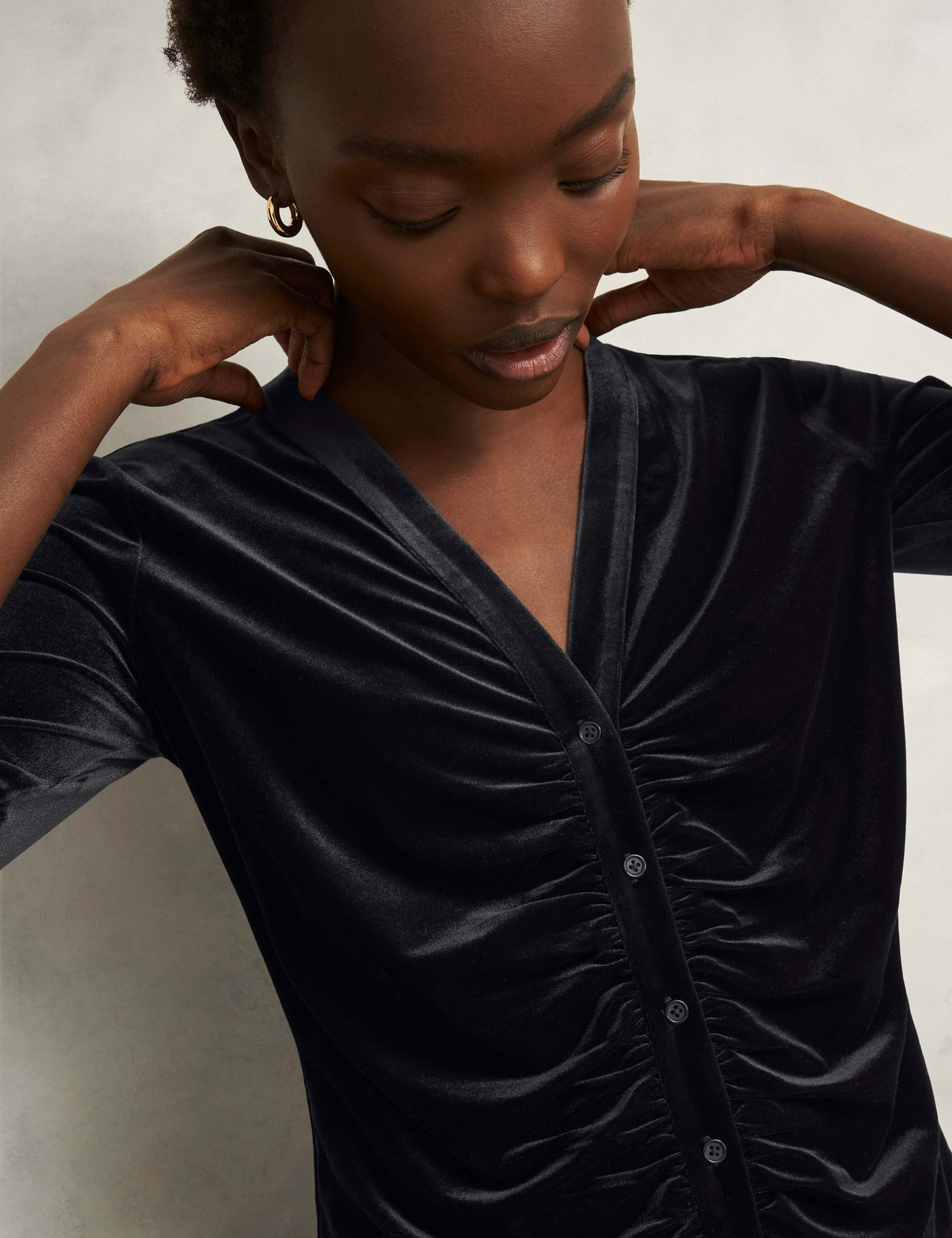 Velvet Ruched V-Neck 3/4 Sleeve Blouse 5 of 5