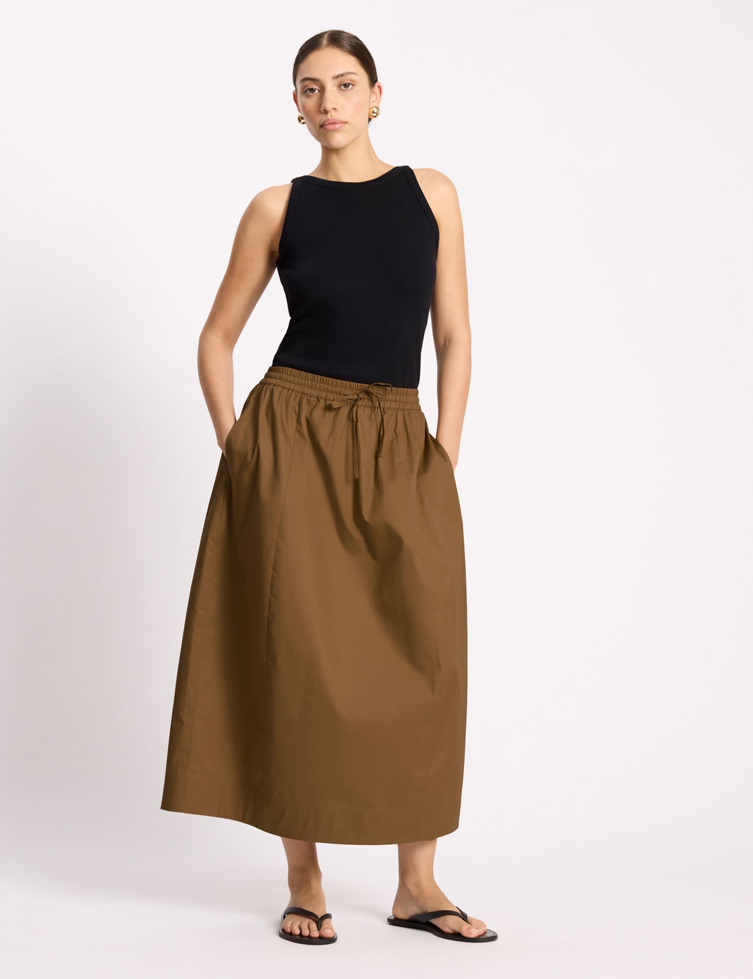 Pure Cotton Sateen Drawstring Midi Skirt 1 of 4